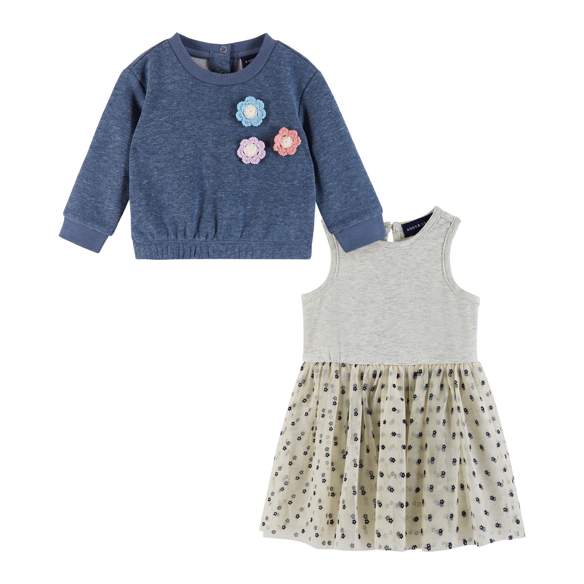 Infant Terry Crewneck & Dress Set | Navy Heather Flowers