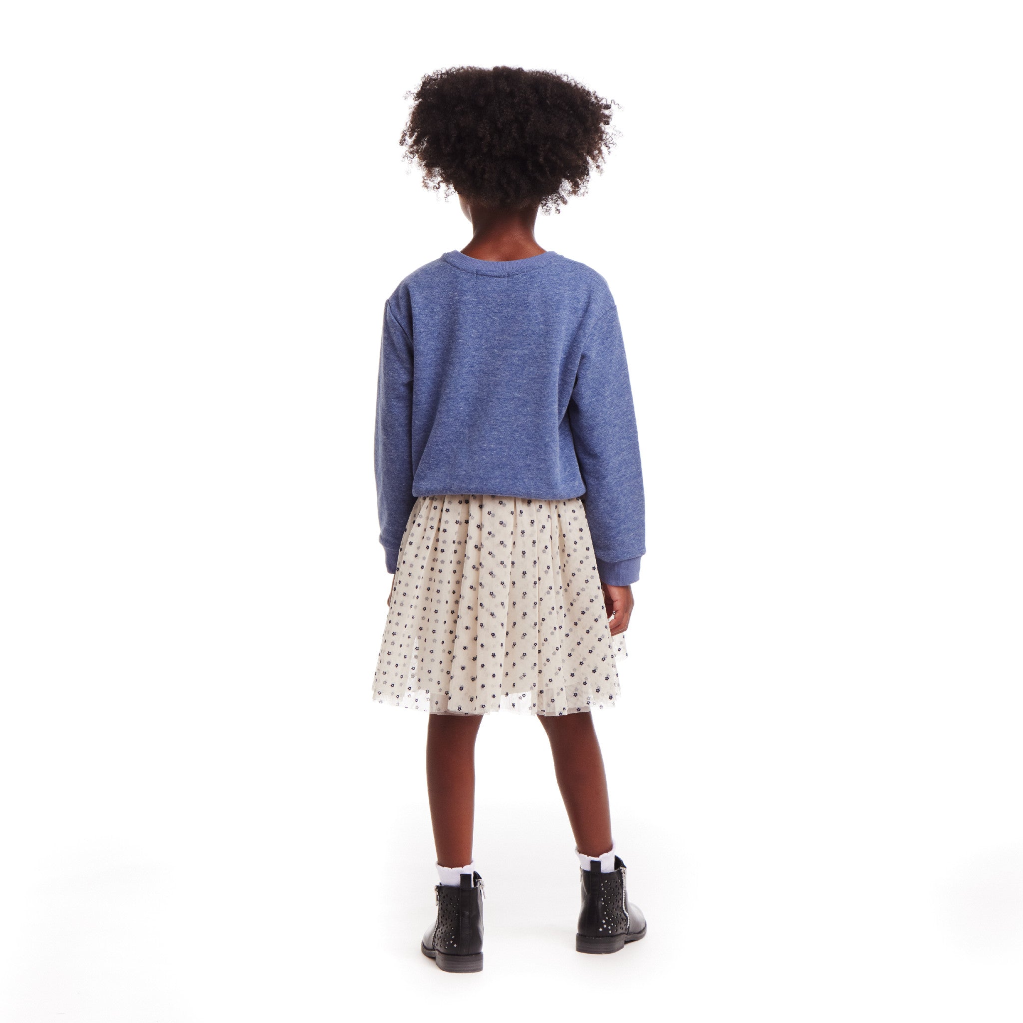 Kids Terry Crewneck & Dress Set | Navy Heather Flowers