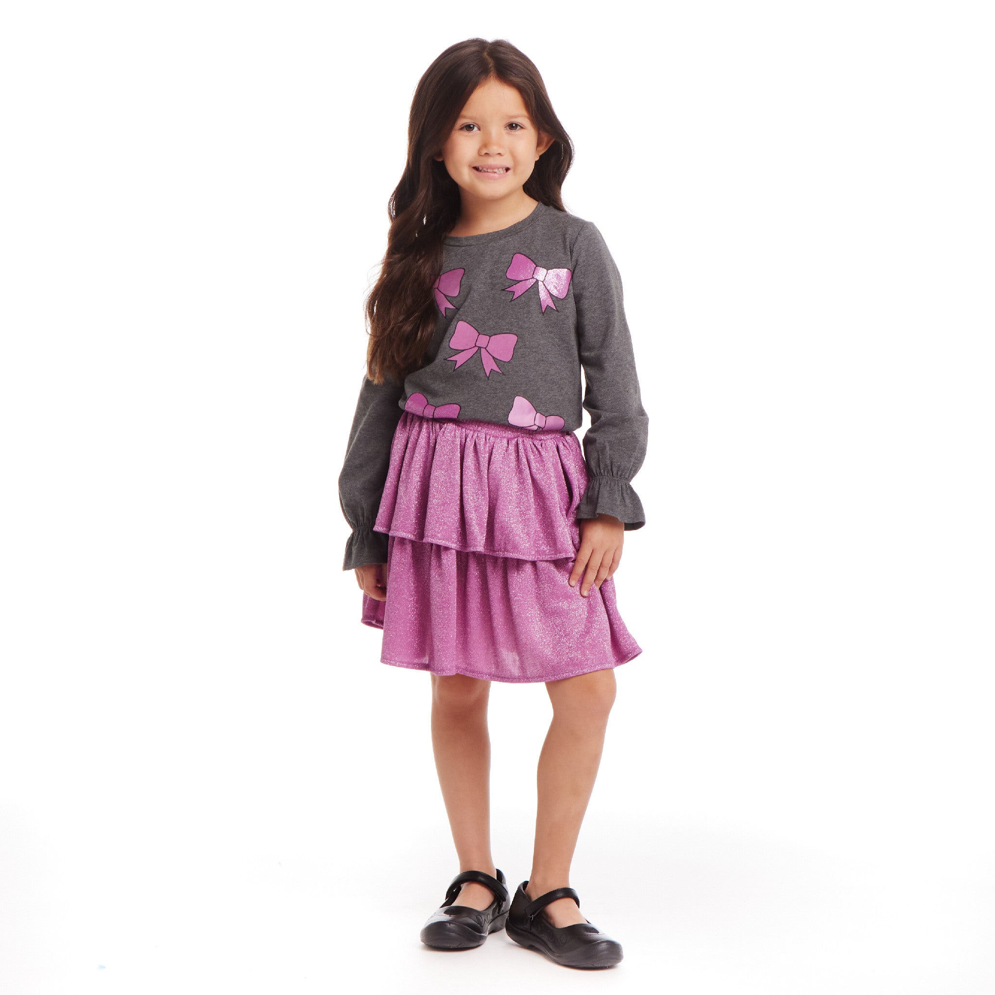 Kids Bows Graphic Top & Glitter Skirt Set | Grey & Purple