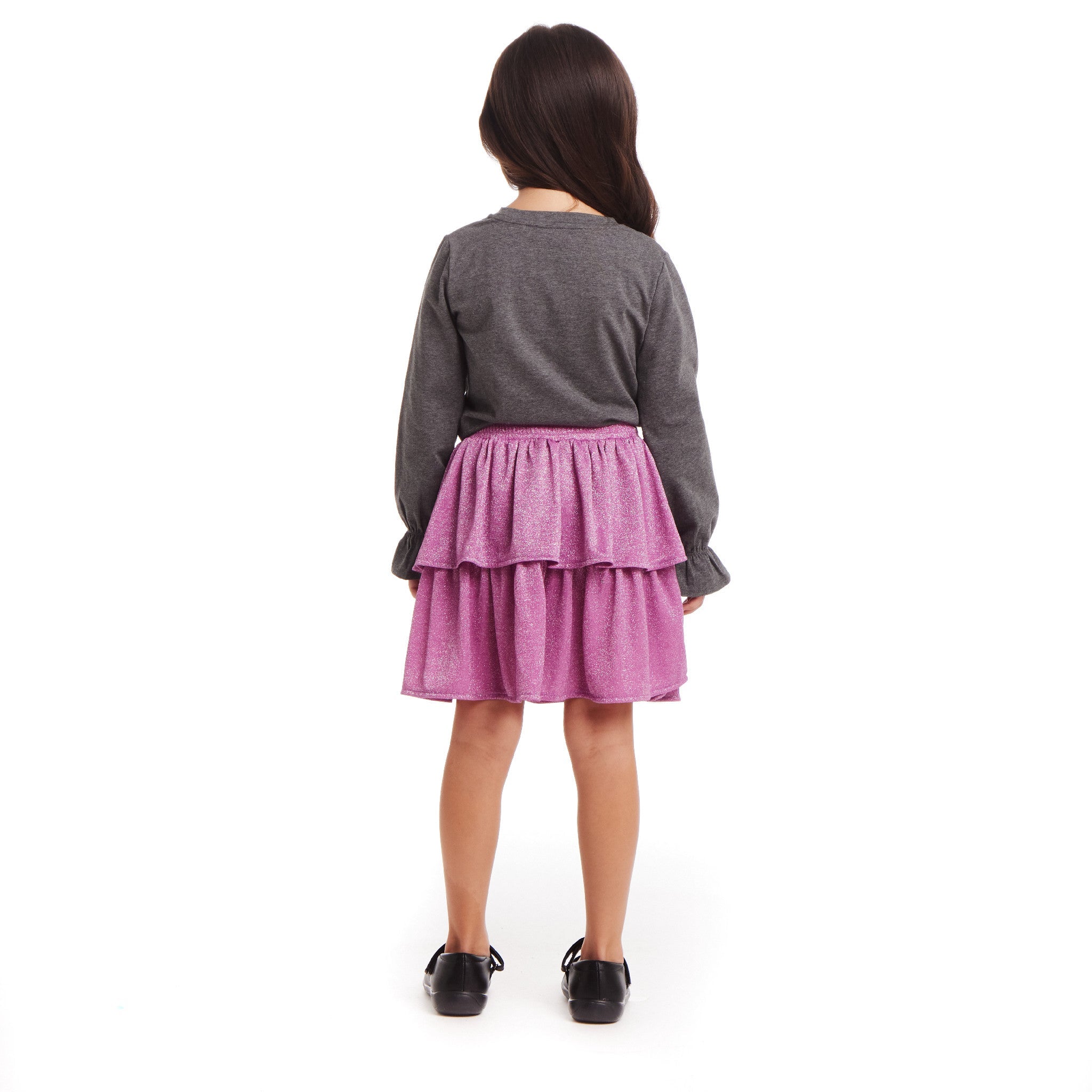 Kids Bows Graphic Top & Glitter Skirt Set | Grey & Purple