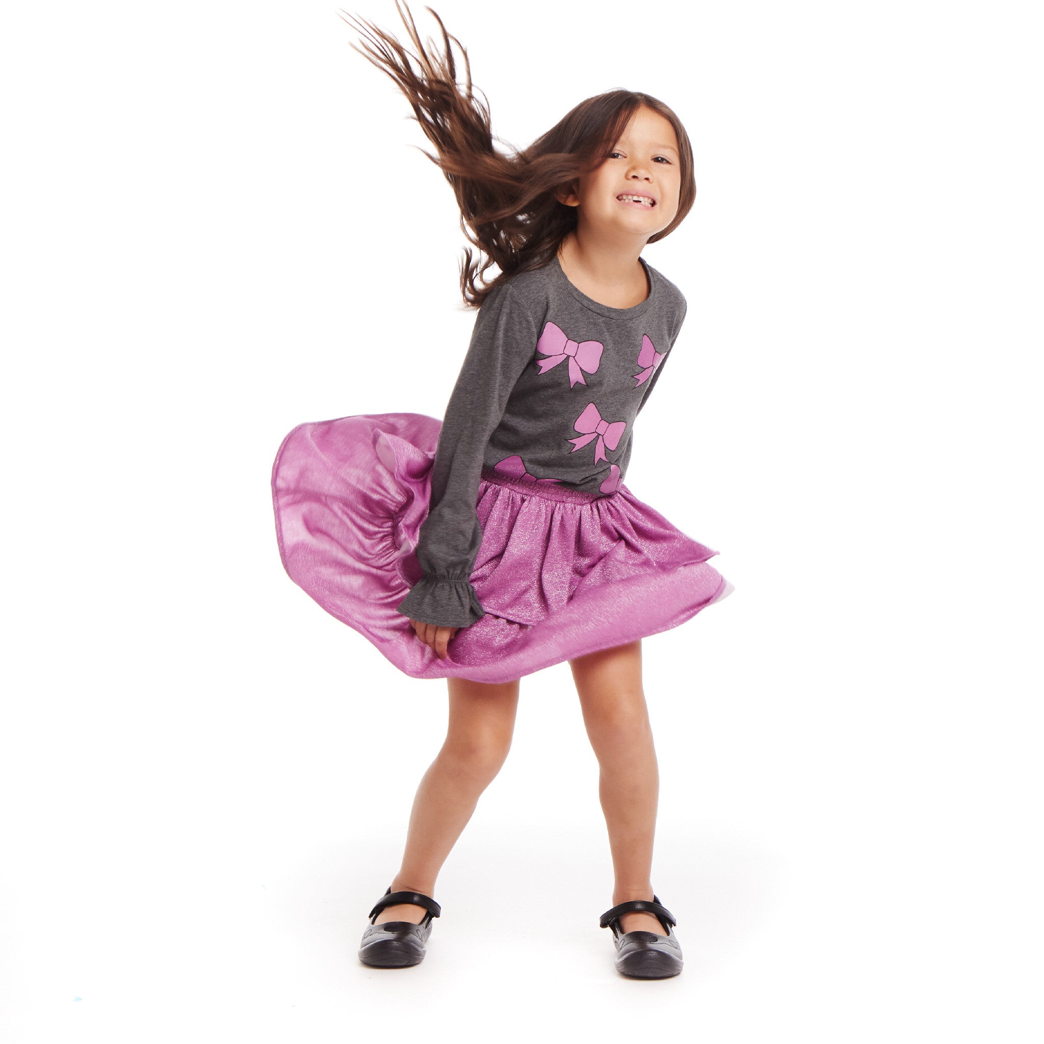 Kids Bows Graphic Top & Glitter Skirt Set | Grey & Purple