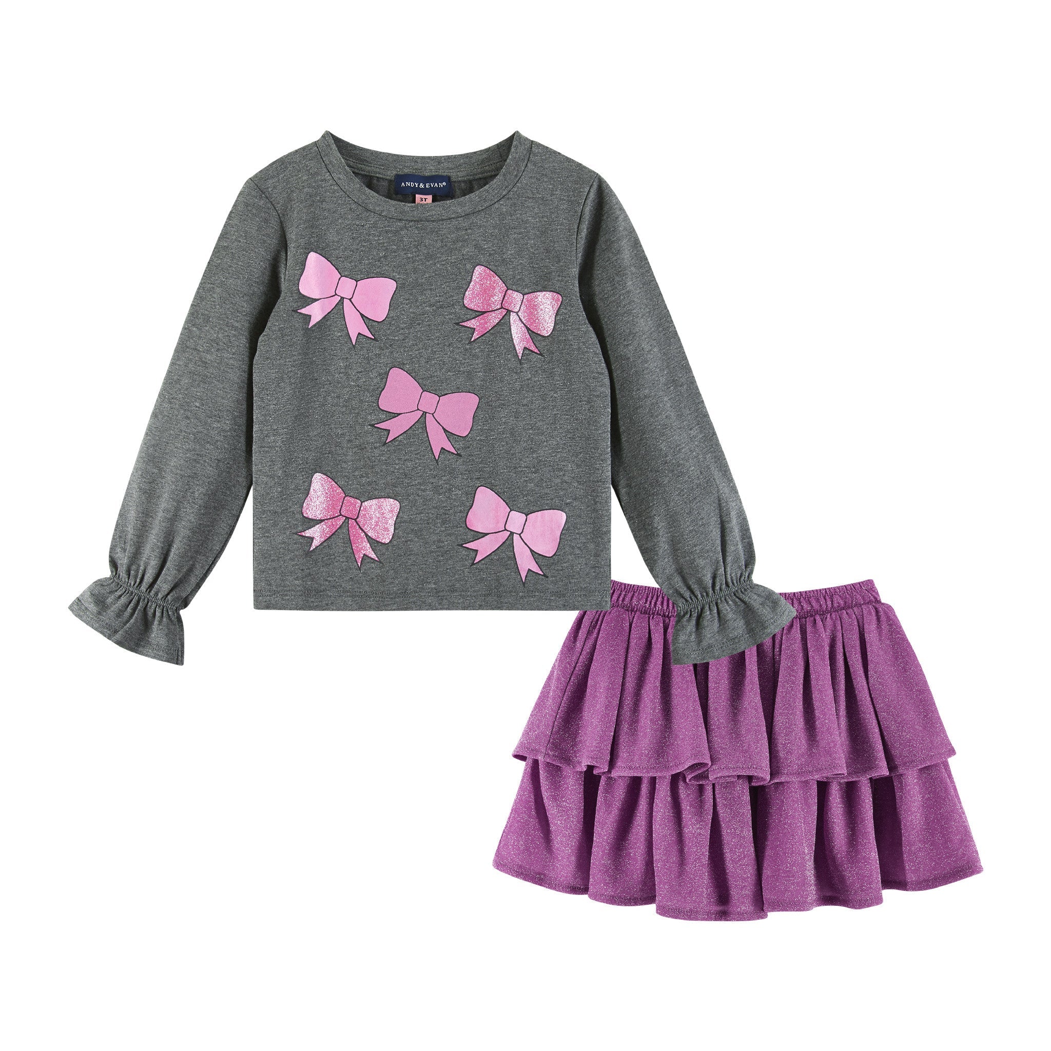 Kids Bows Graphic Top & Glitter Skirt Set | Grey & Purple