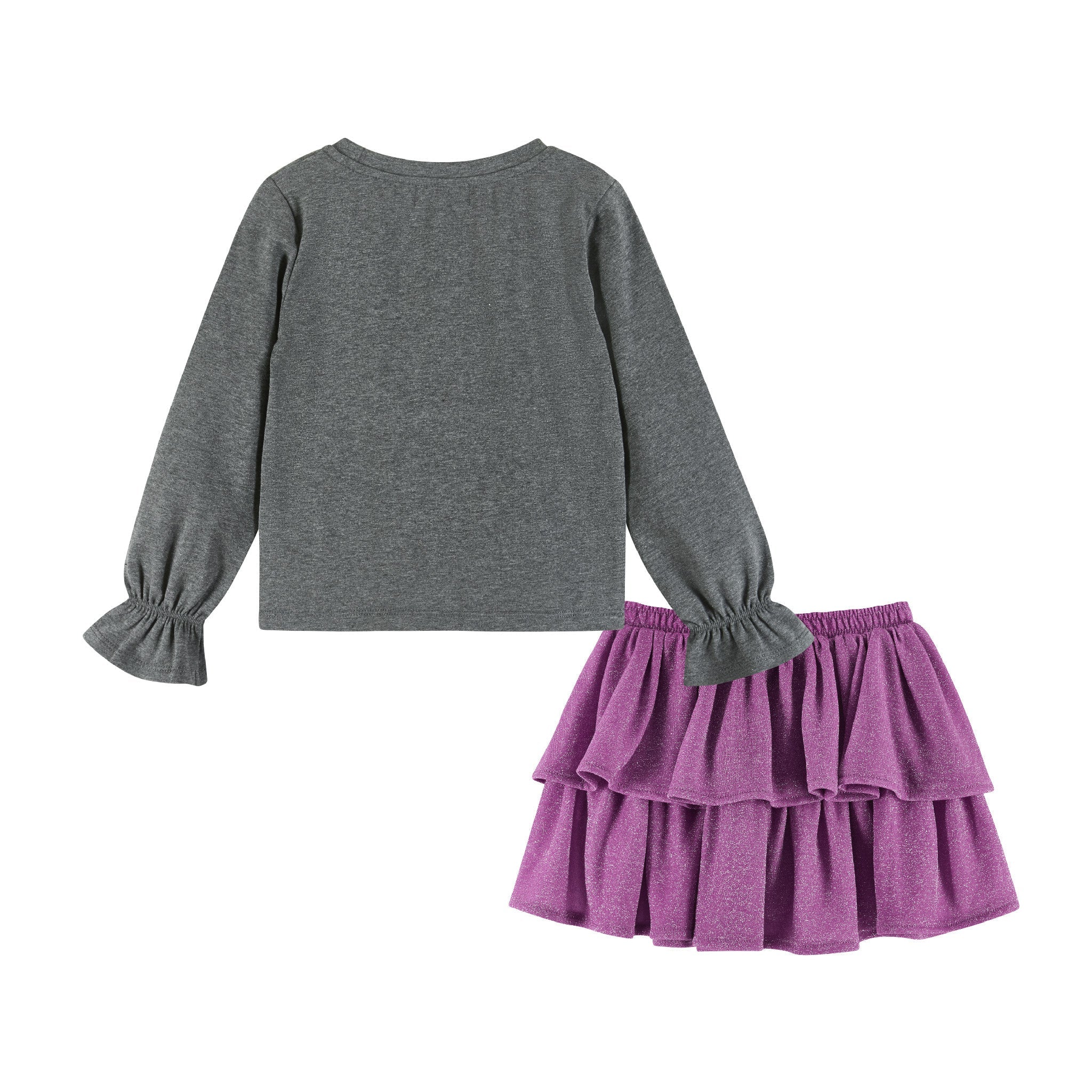 Kids Bows Graphic Top & Glitter Skirt Set | Grey & Purple