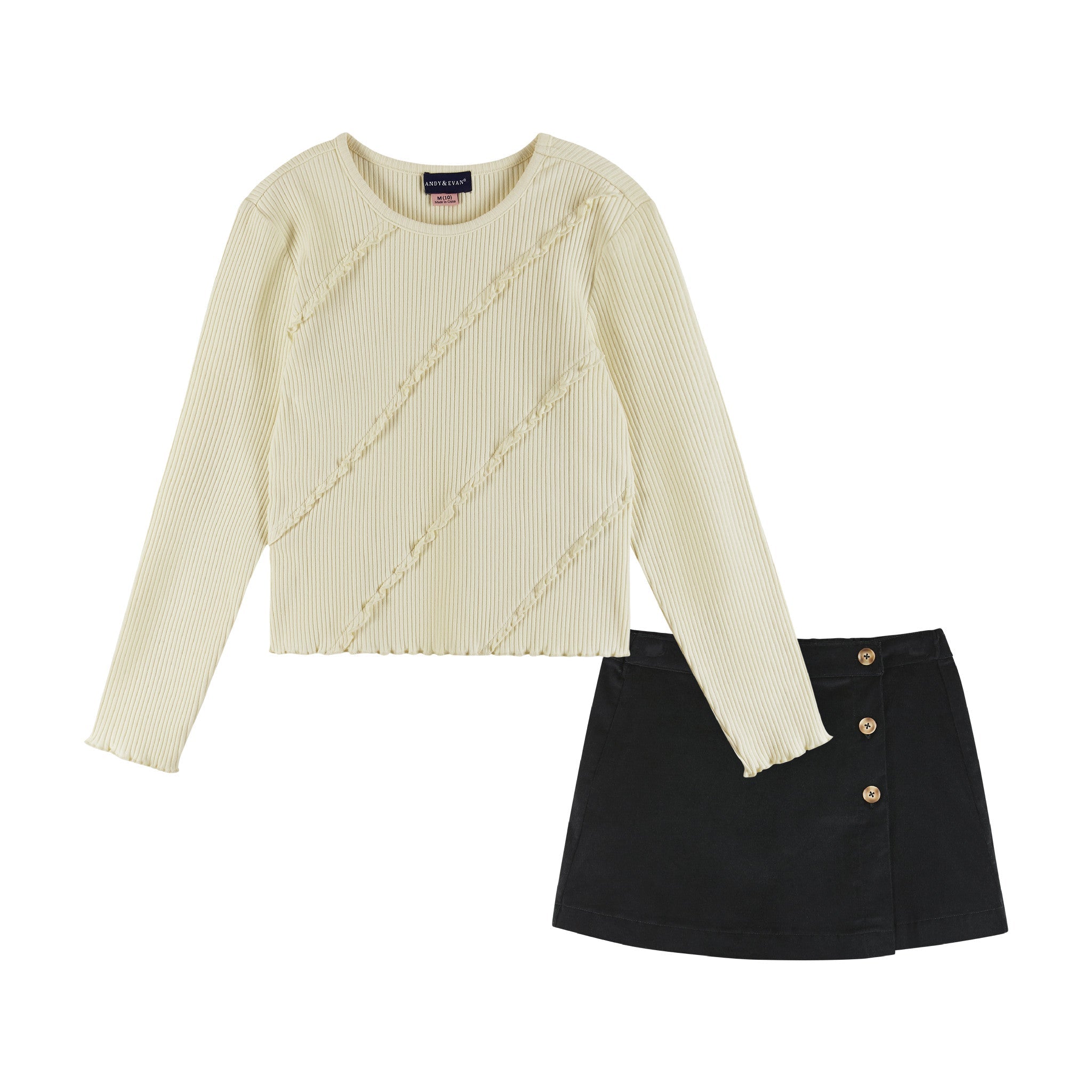 Kids (7-16) Rib Knit Long Sleeve Top & Corduroy Skirt Set | Cream & Sleek Black