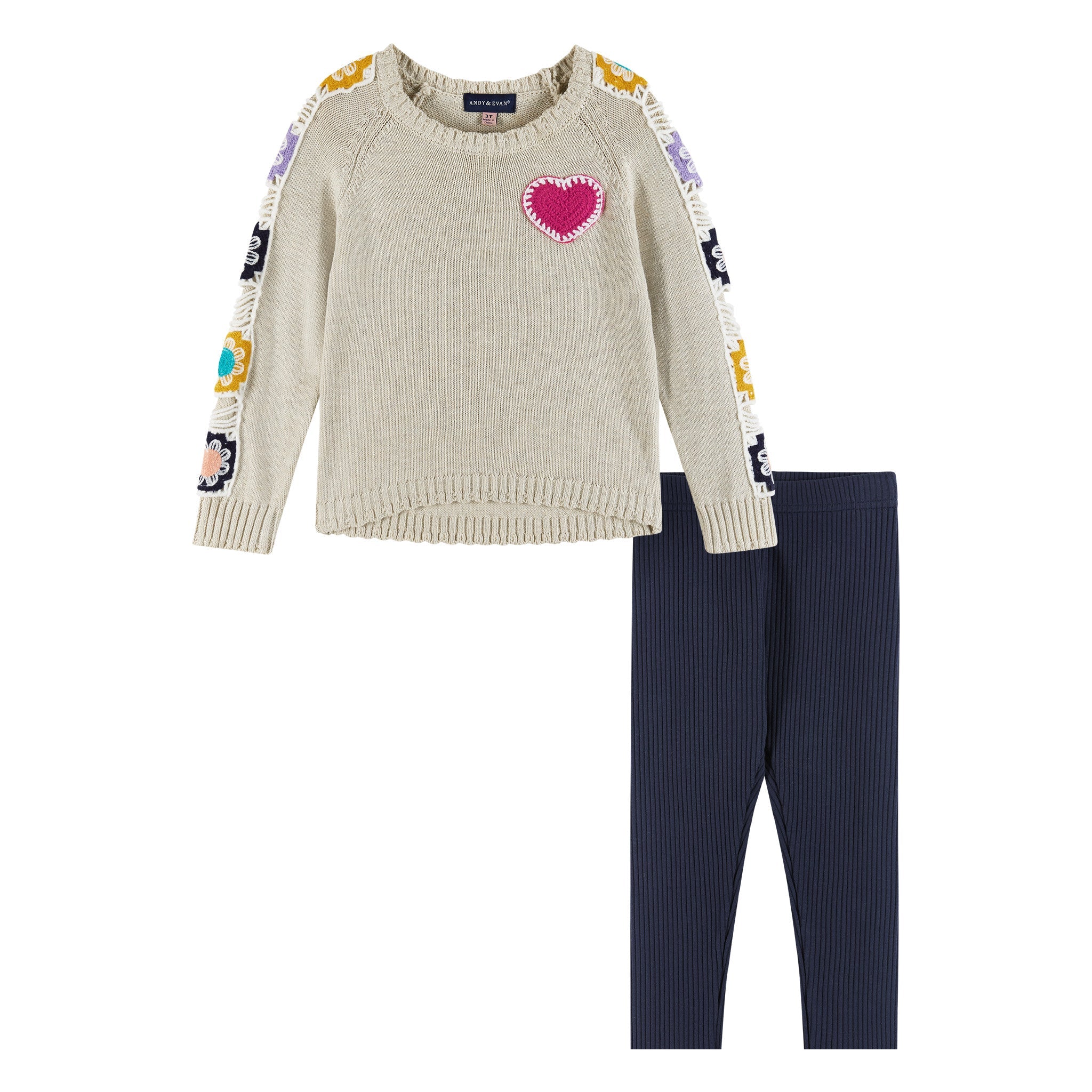 Kids Crochet Tunic Sweater & Jegging Set | Heart & Flowers