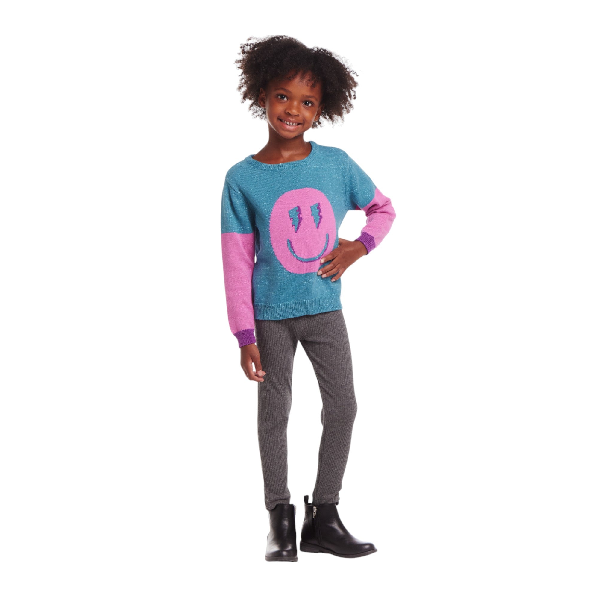 Kids Lurex Sweater & Legging Set | Ombre Smiley Graphic