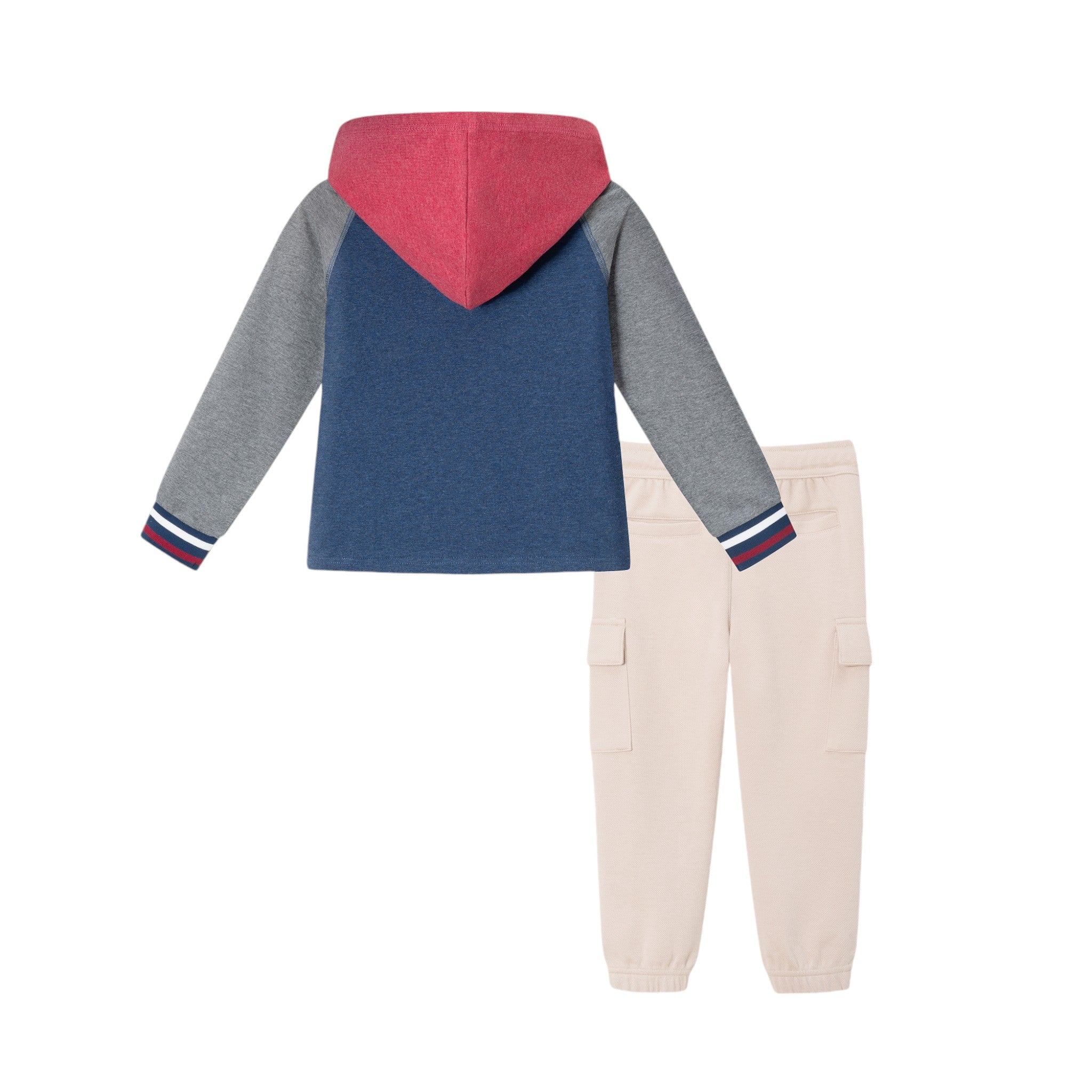 Kids Hooded Colorblocked Jersey Tee & Jogger Set | Red Navy & Heather Grey