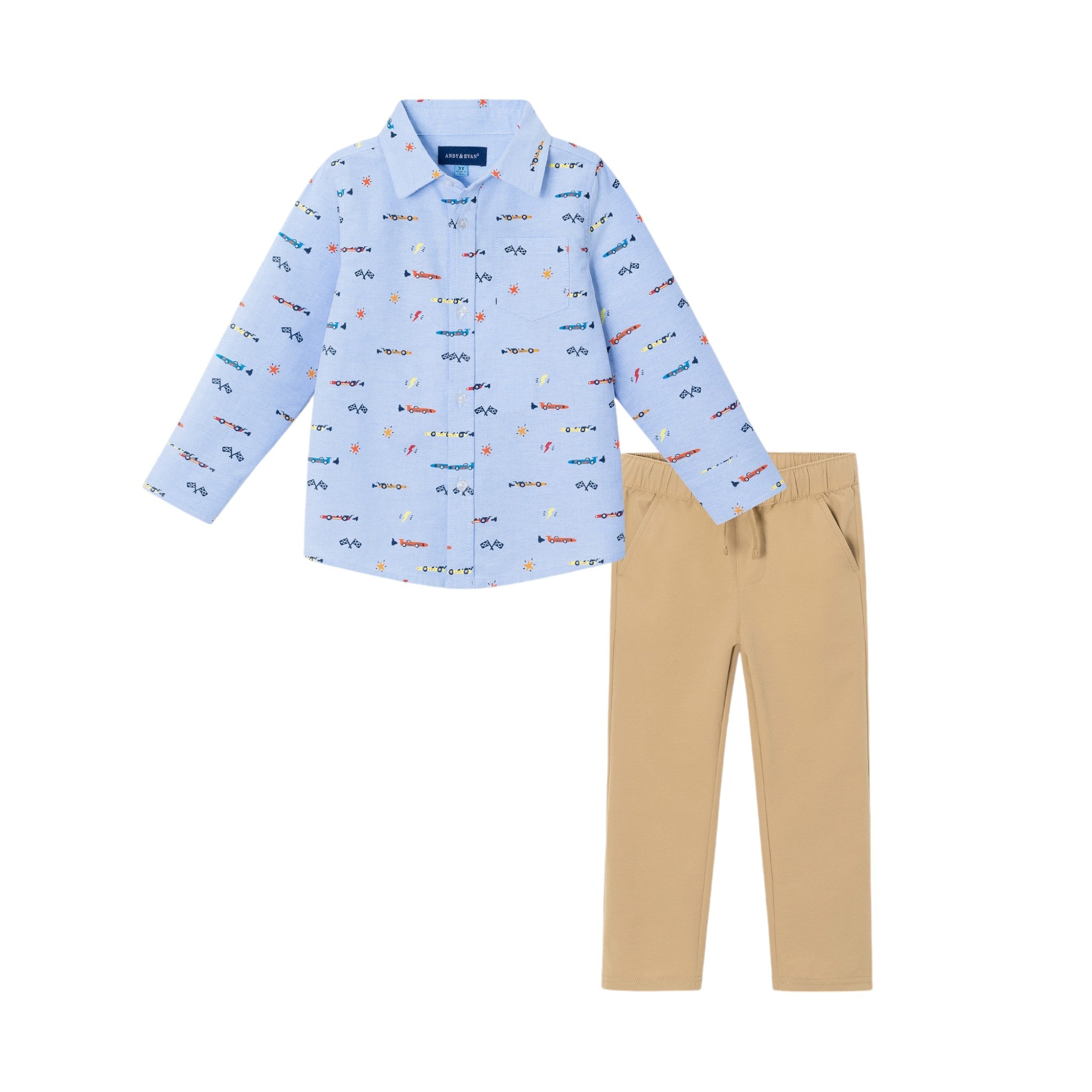 Kids Chambray Buttondown & Cognac Pant Set | Racecars