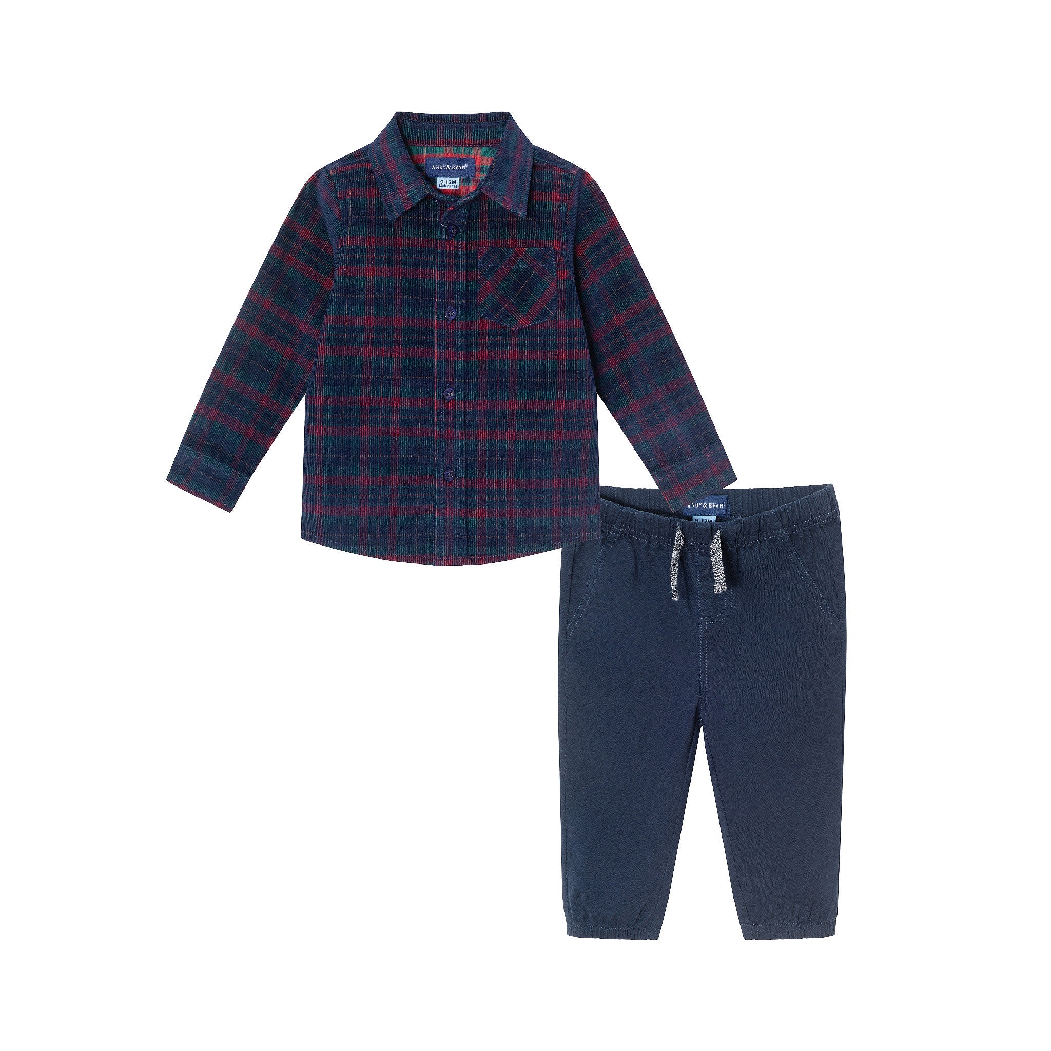 Infant Cord Buttondown & Navy Joggers Set | Red Plaid