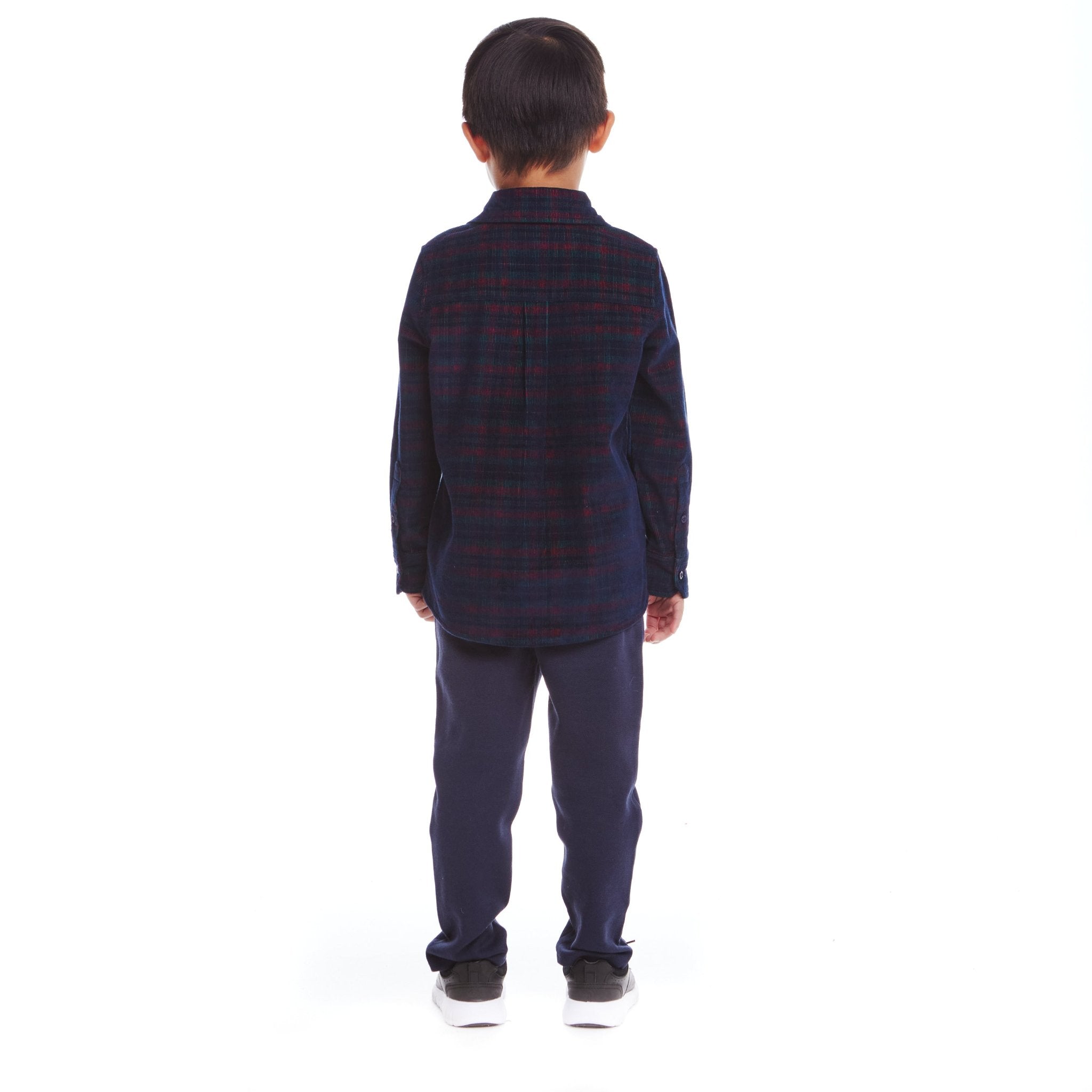 Kids Cord Buttondown & Navy Joggers Set | Red Plaid