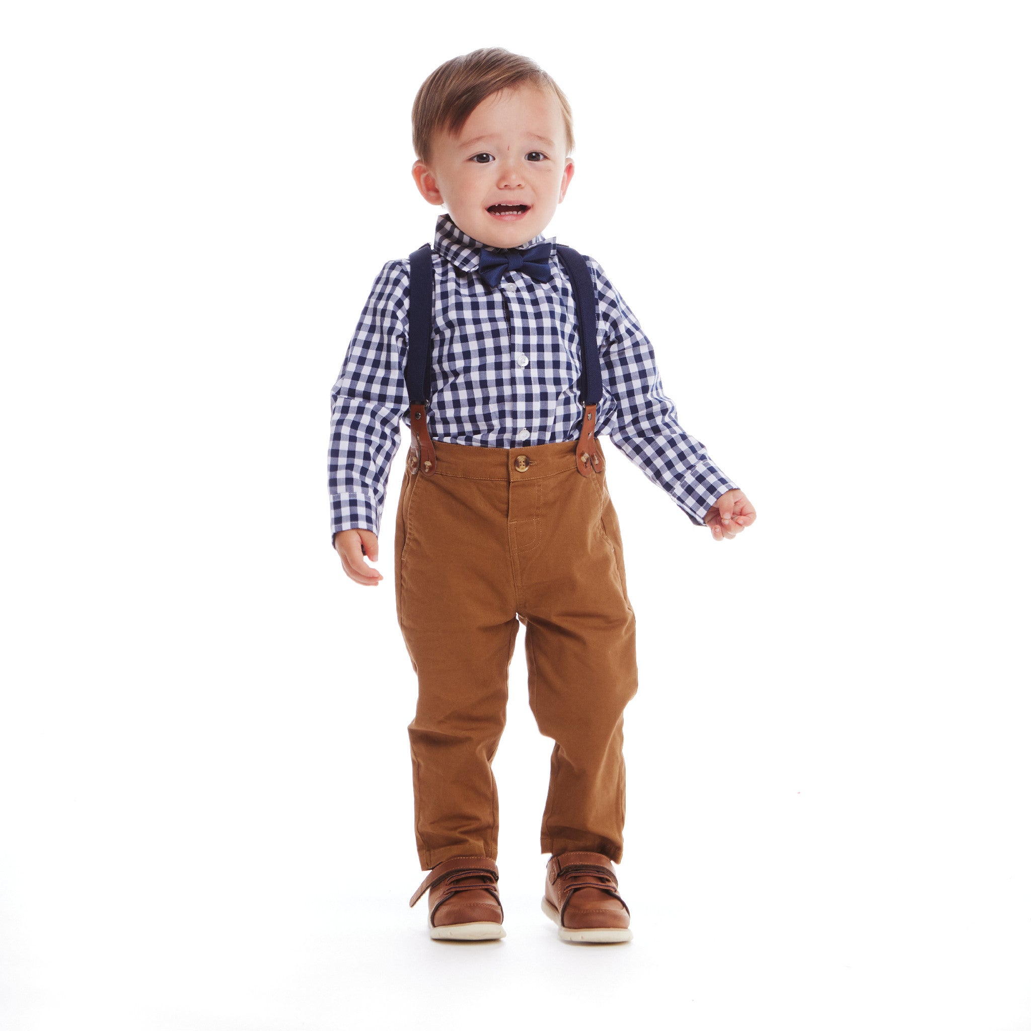 Infant 4-piece Set Buttondown Suspenders & Pant Set | Navy Gingham