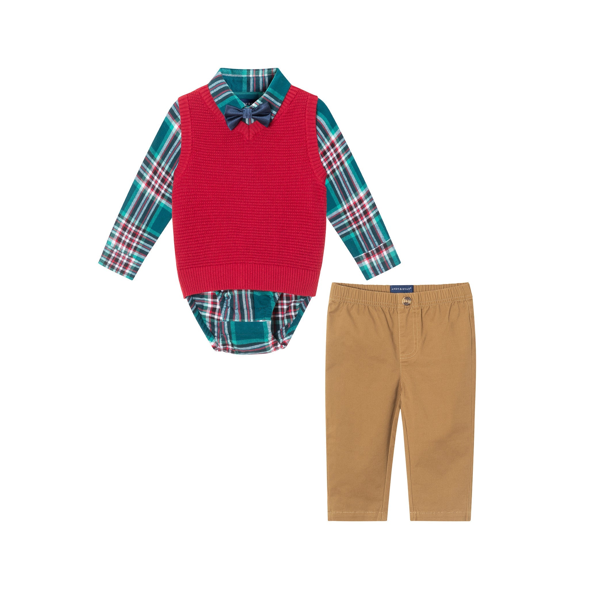 Infant 4-piece Buttondown & Sweater Vest Set | Checkered Maroon