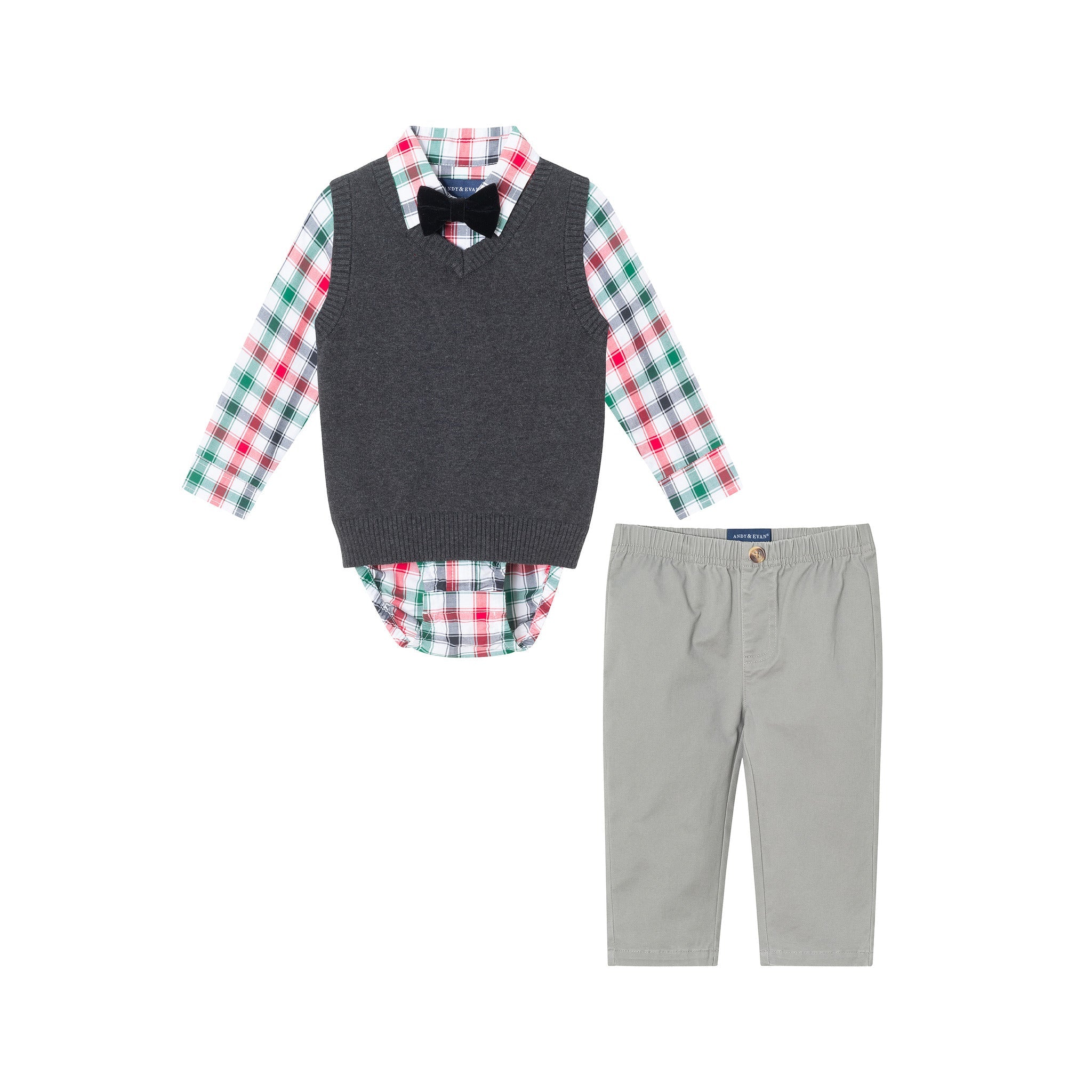 Infant 4-piece Sweater Vest Set | Charcoal White Plaid