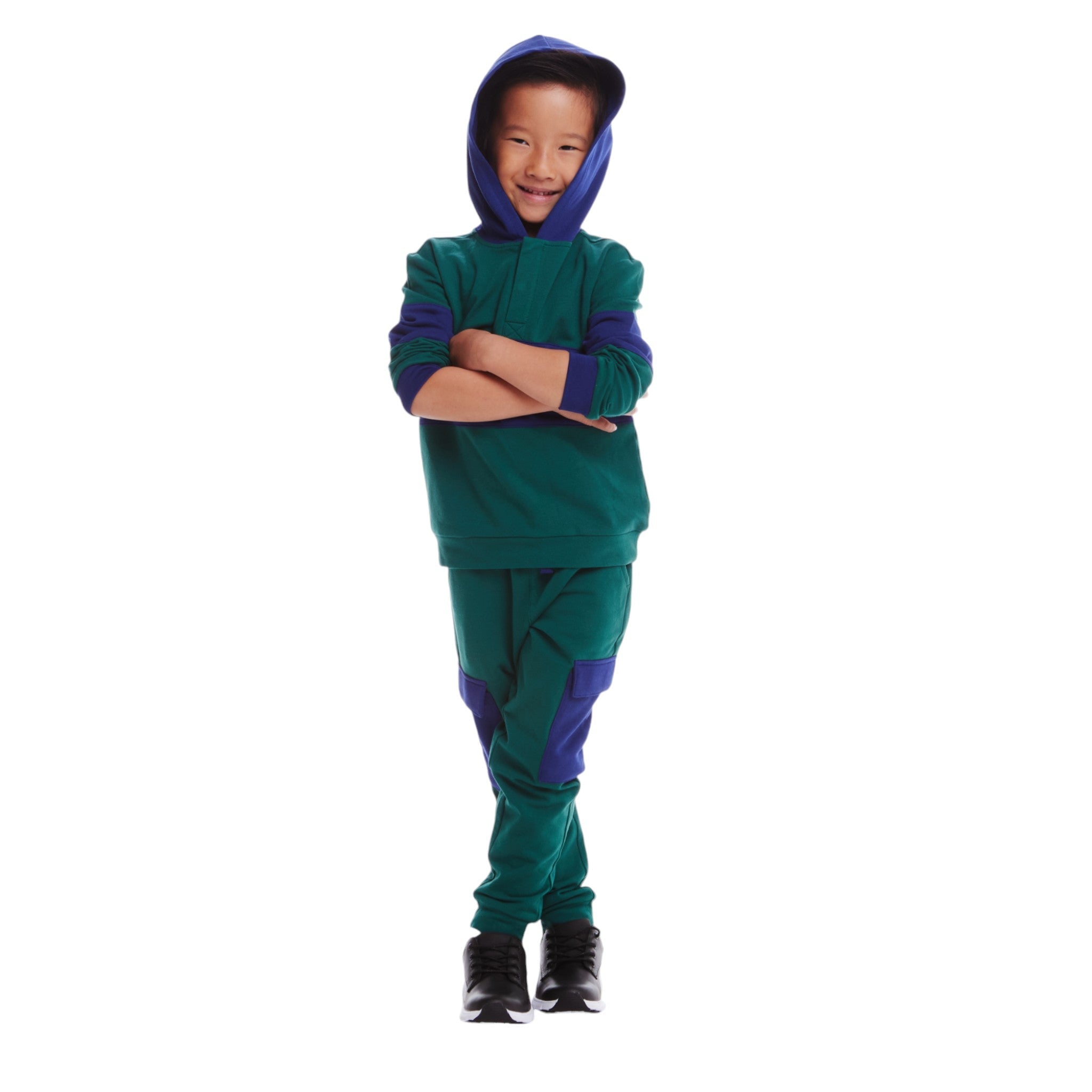 Kids Navy & Green Color Blocked Terry Hoodie & Pant Set