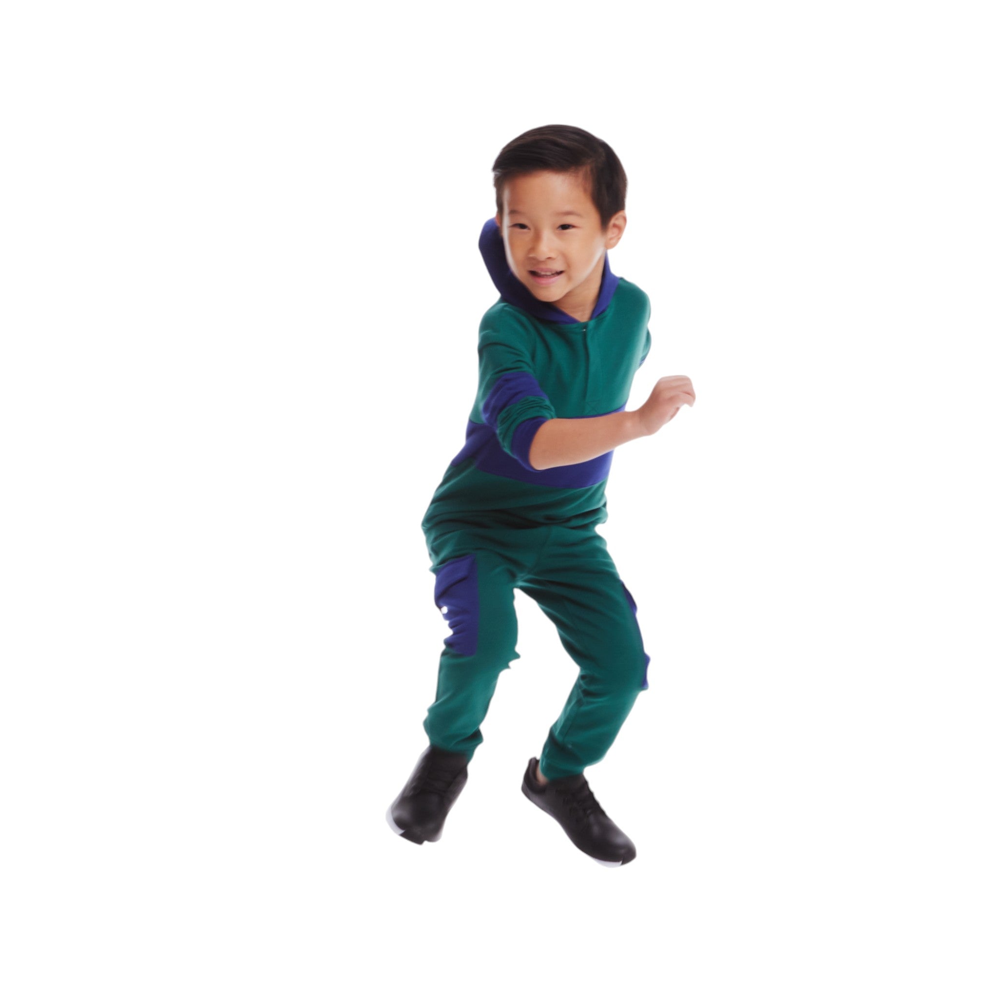 Kids Navy & Green Color Blocked Terry Hoodie & Pant Set