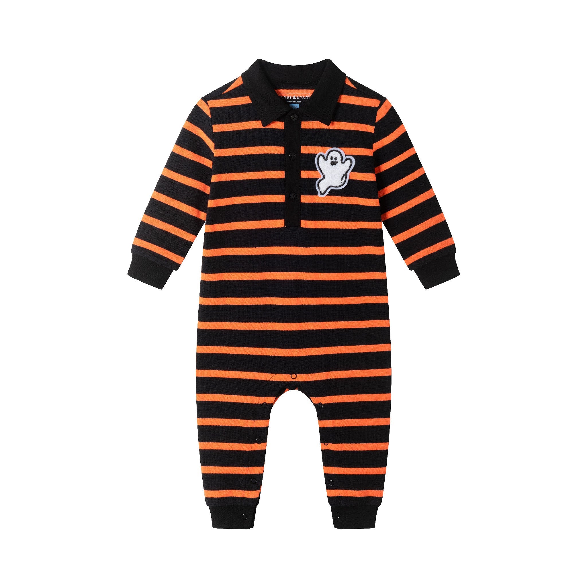Infant Rugby Stripe Halloween Romper W/ghost Patch | Black Ora Strp
