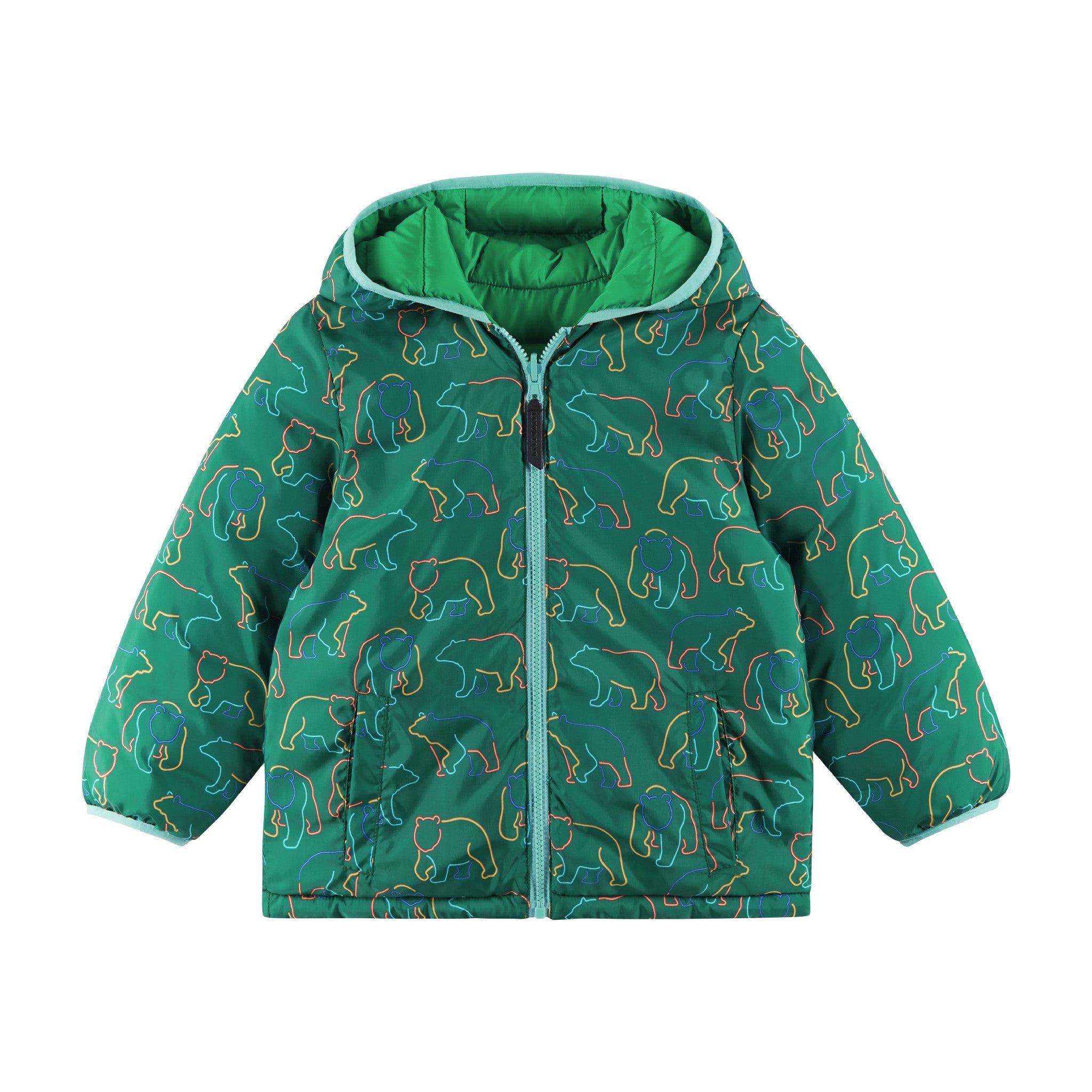 Kids Reversible Puffer Jacket | Green Bear