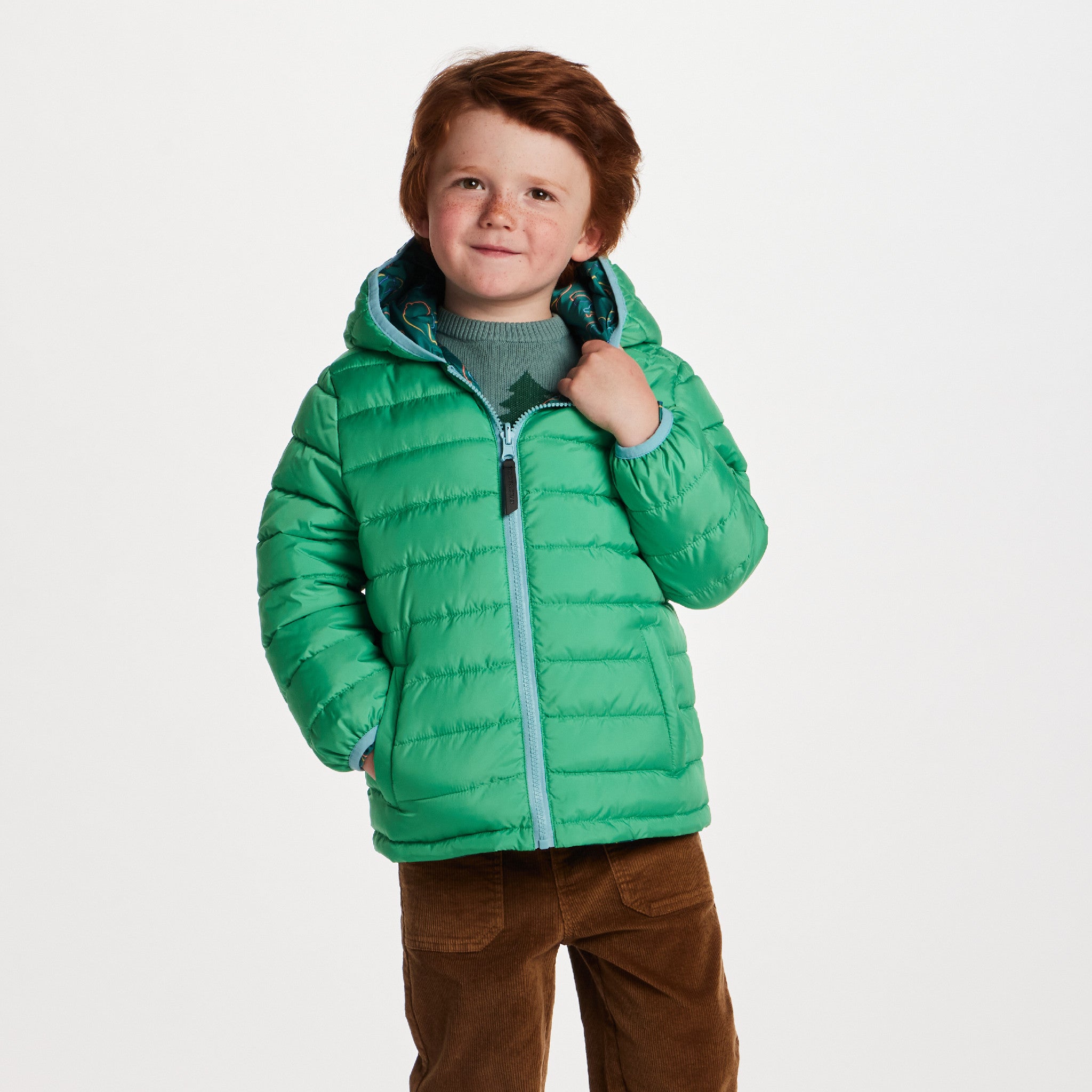 Kids Reversible Puffer Jacket | Green Bear