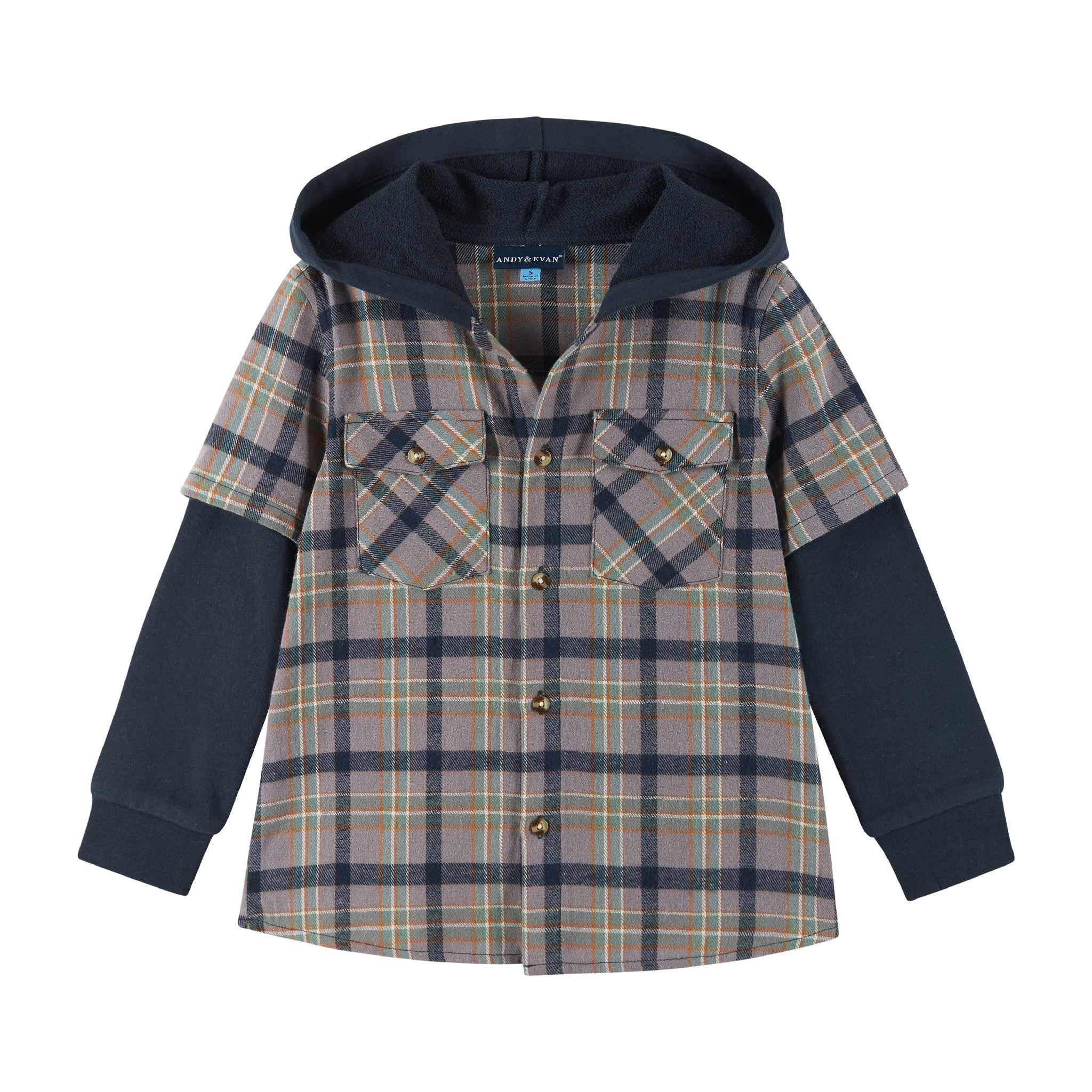 Kids Twofer Hoodie | Brown Plaid