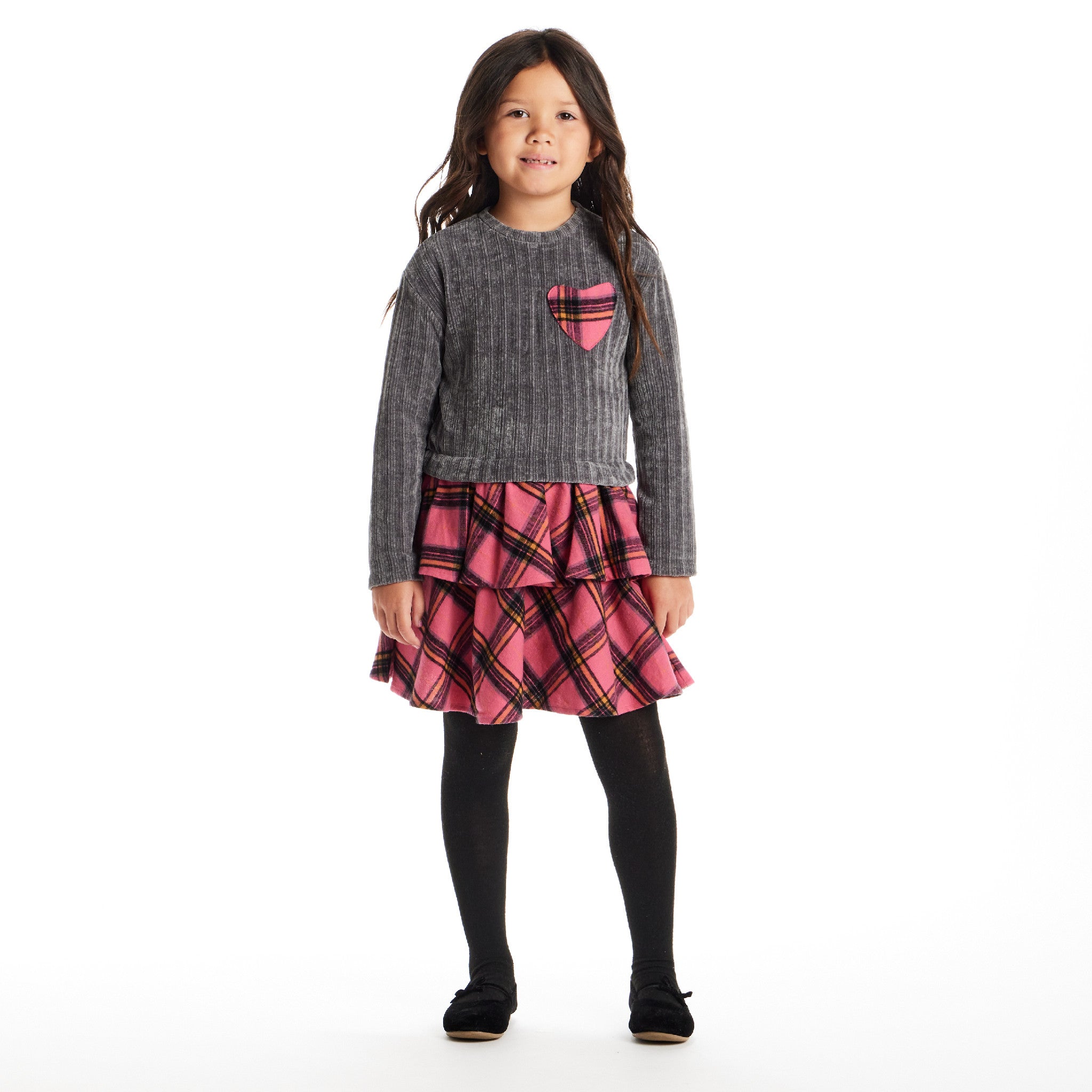 Kids Knit Top Plaid Skirt Dress | Grey & Pink Heart