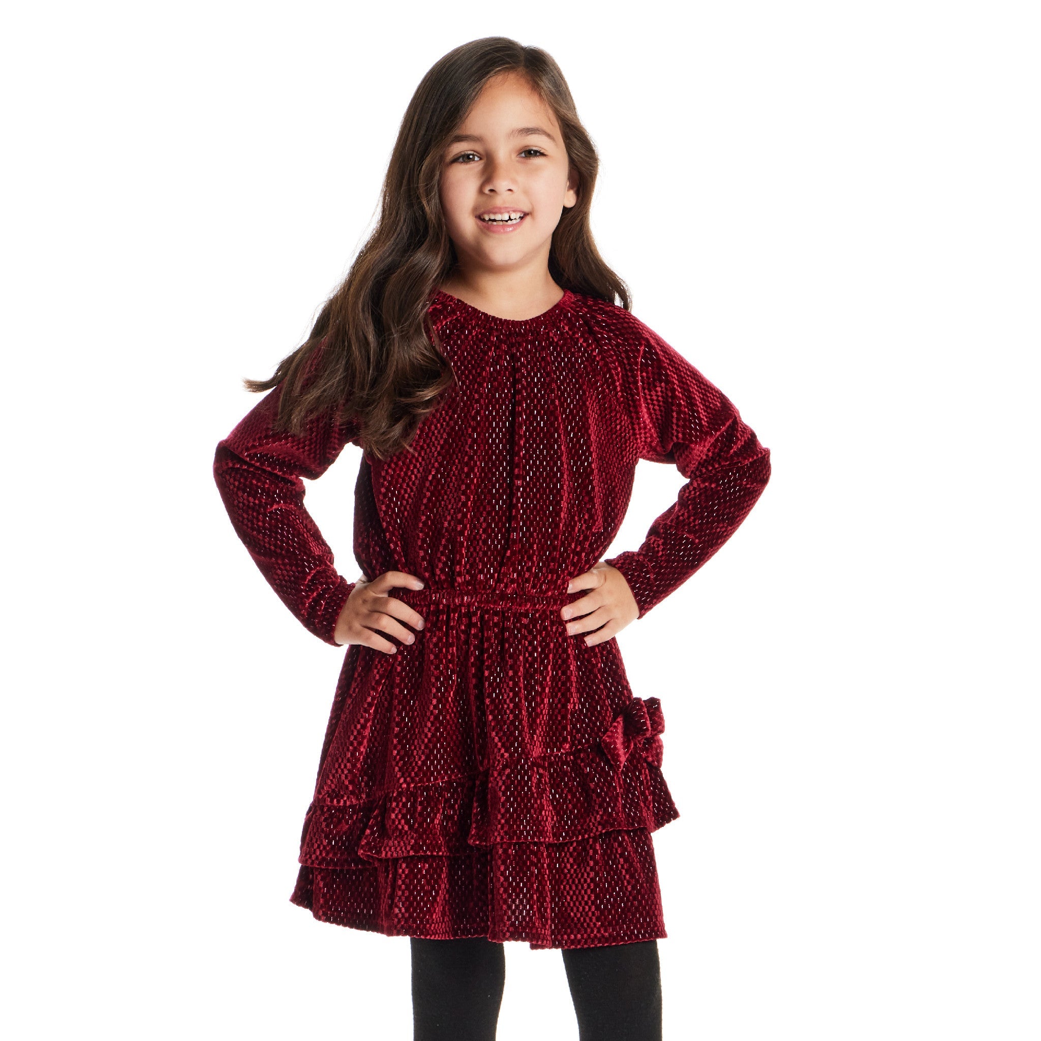 Kids Red Velvet Asymmetrical Tiered Dress | Red Checkered