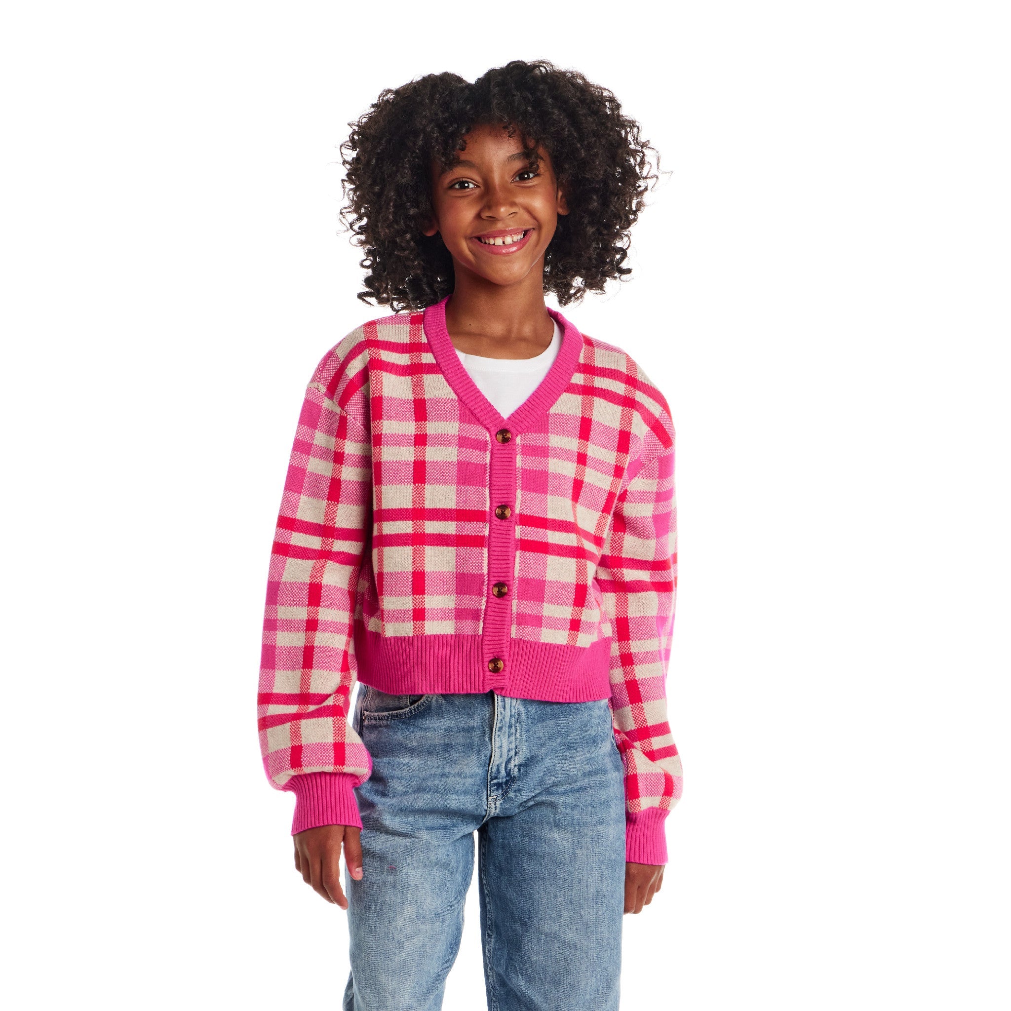 Big Kids Cardigan | Pink Plaid