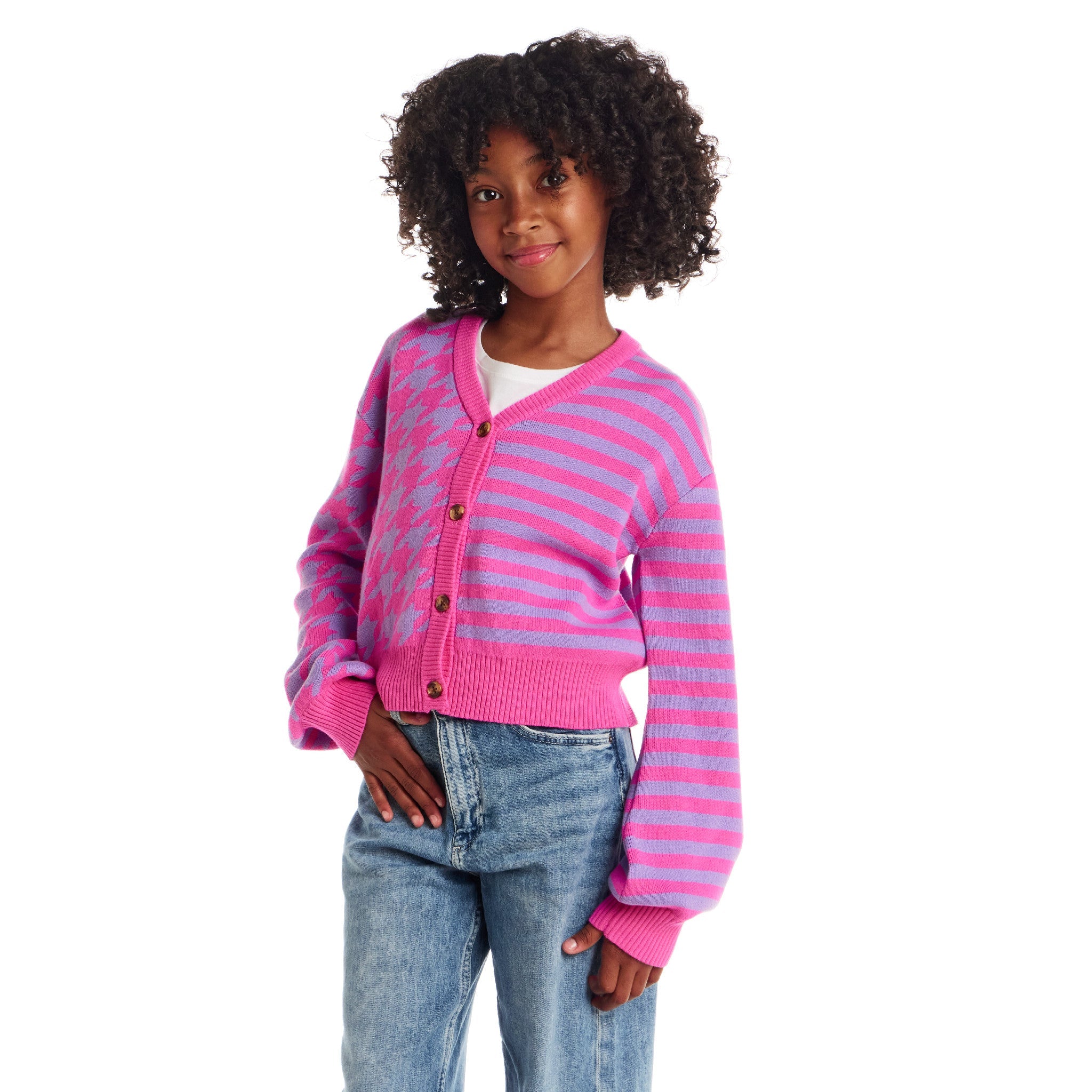 Big Kids Stripe Cardigan | Pink Houndstooth