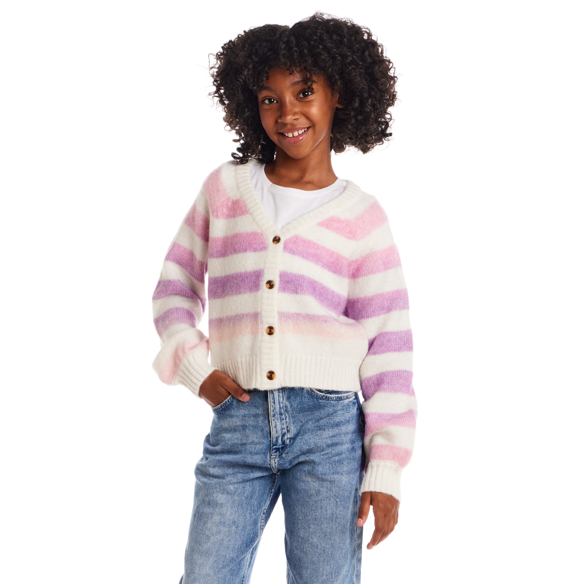 Big Kids Stripe Cardigan | Oatmeal Lavendar