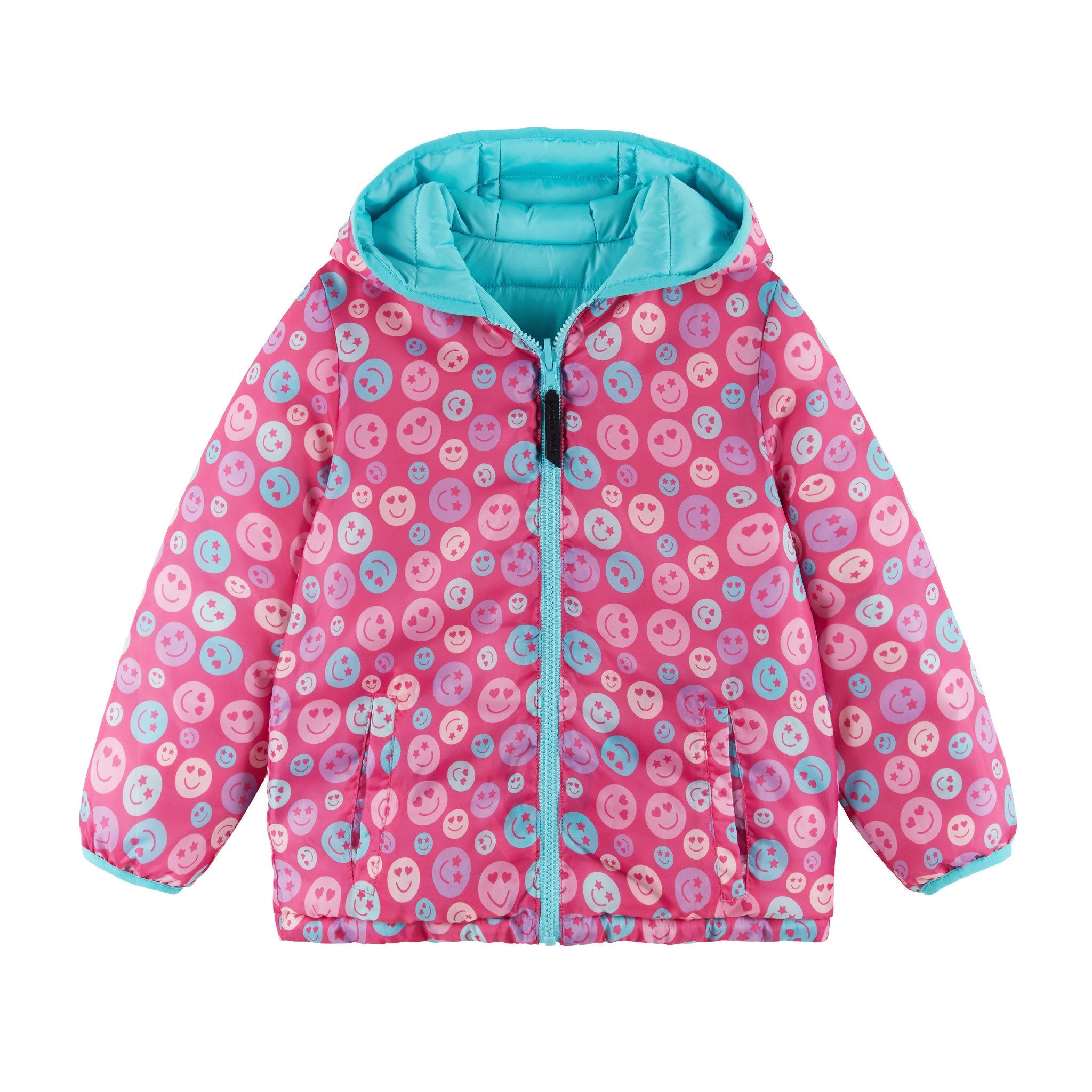 Kids Printed Reversible Puffer Jacket | Pink Smiley