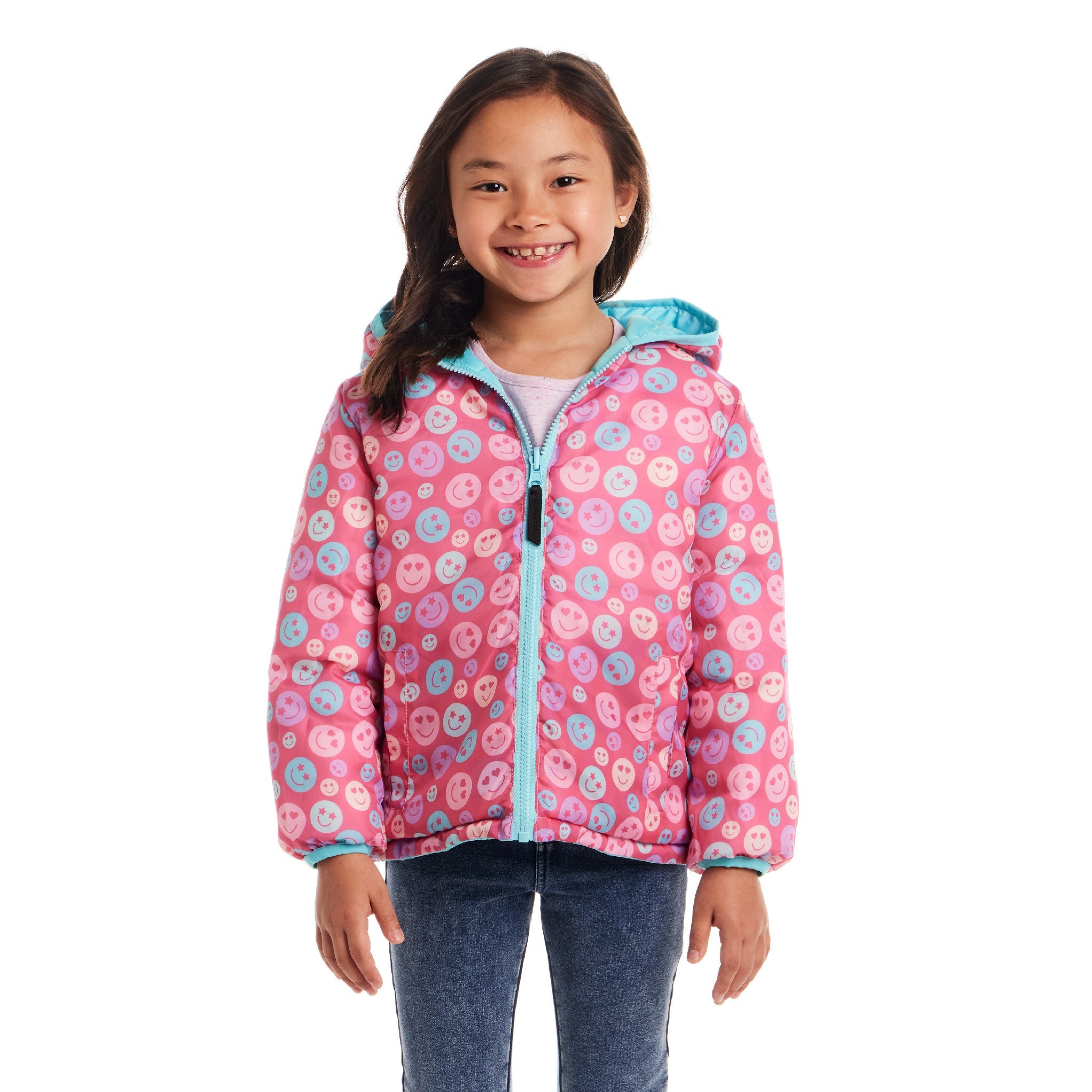 Kids Printed Reversible Puffer Jacket | Pink Smiley
