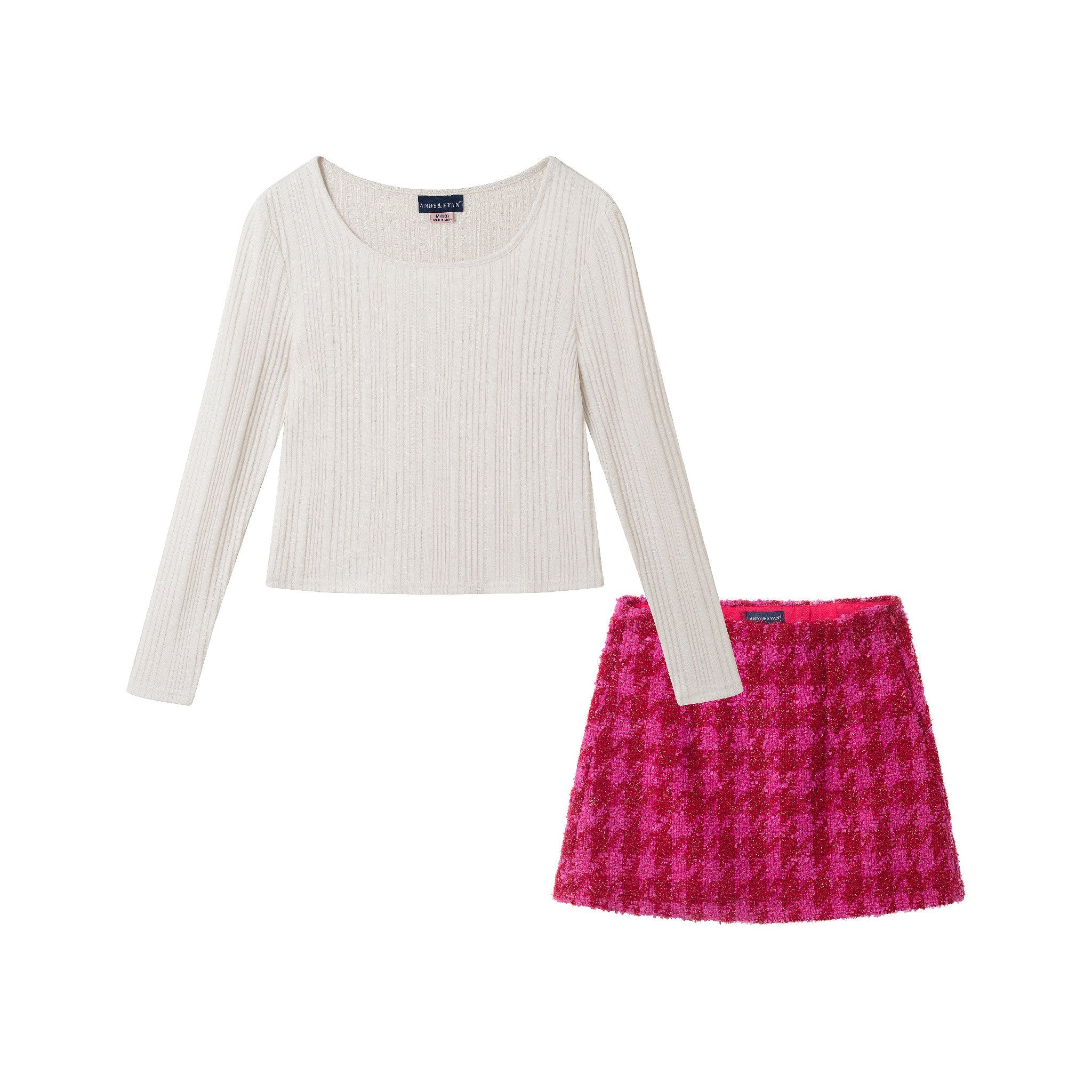 Big Kids Ribbed Top & Houndstooth Skirt Set | Ivory & Pink