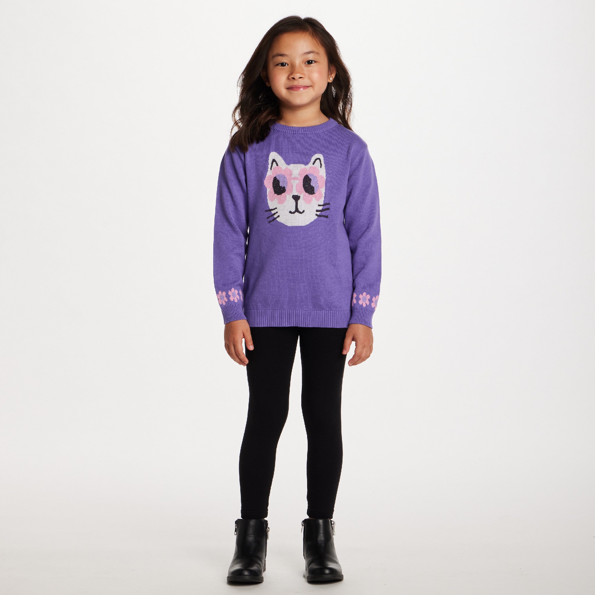 Kids Sweater & Legging Set | Purple Kitty Sunglasses