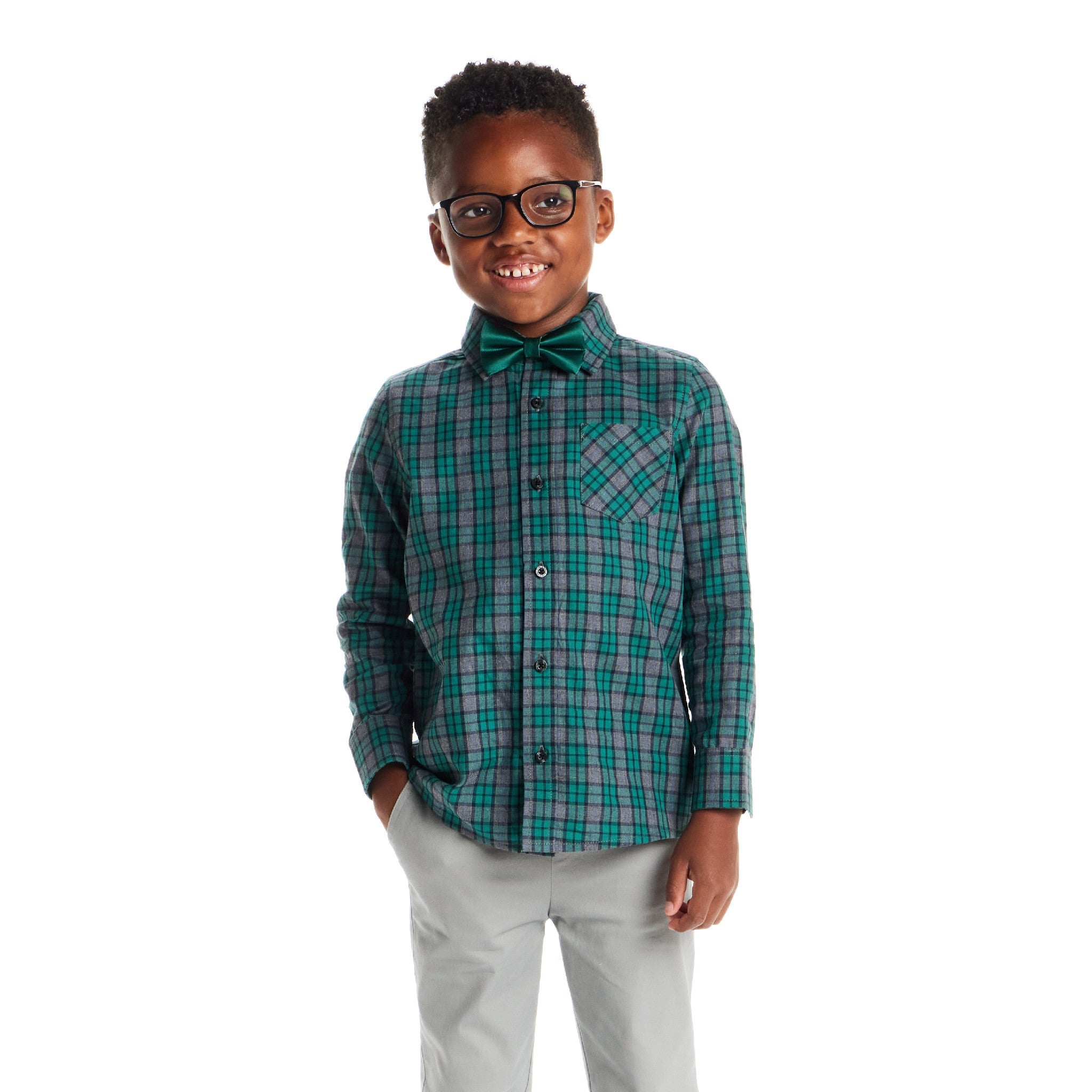 Kids Plaid Buttondown & Bowtie Set | Green Plaid