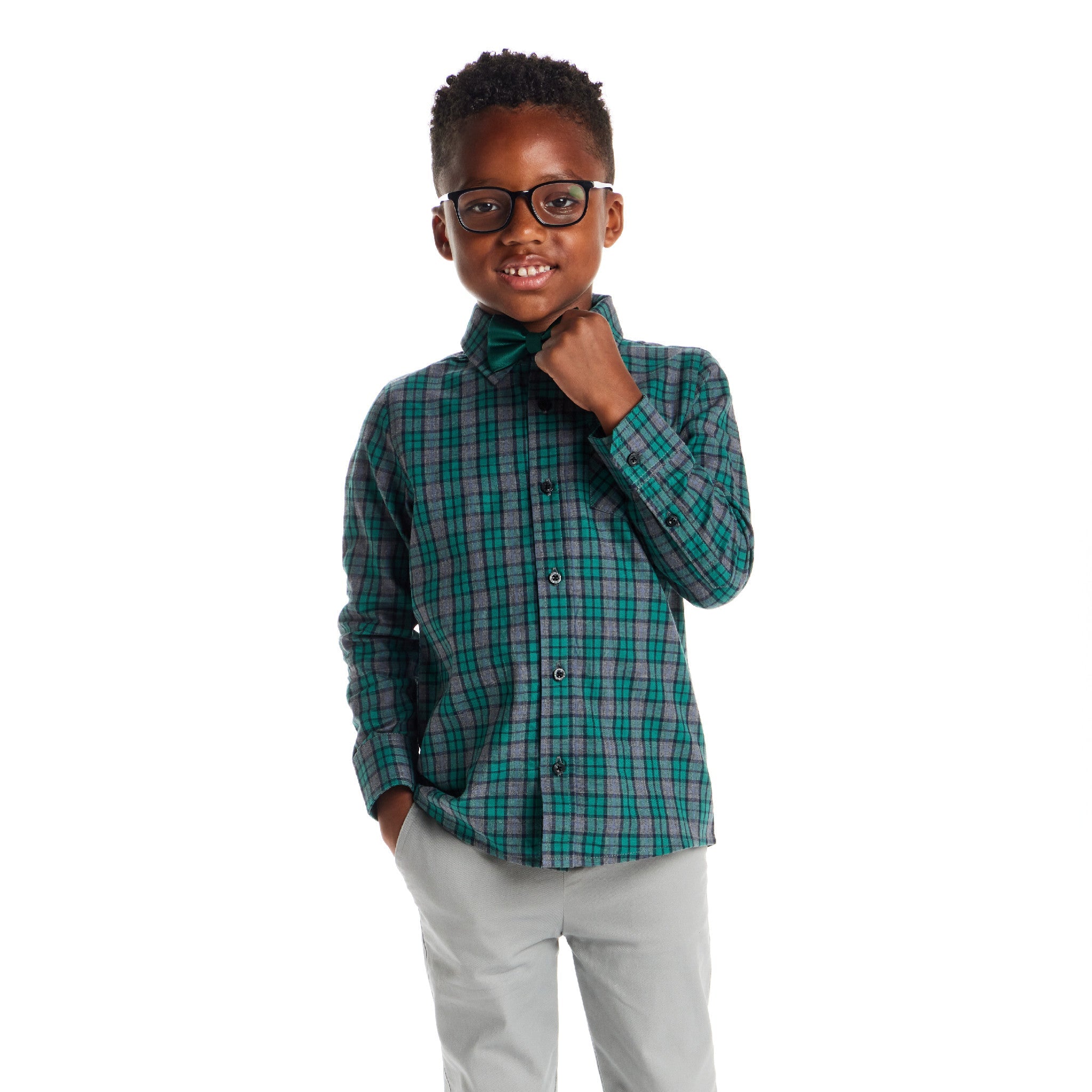 Kids Plaid Buttondown & Bowtie Set | Green Plaid