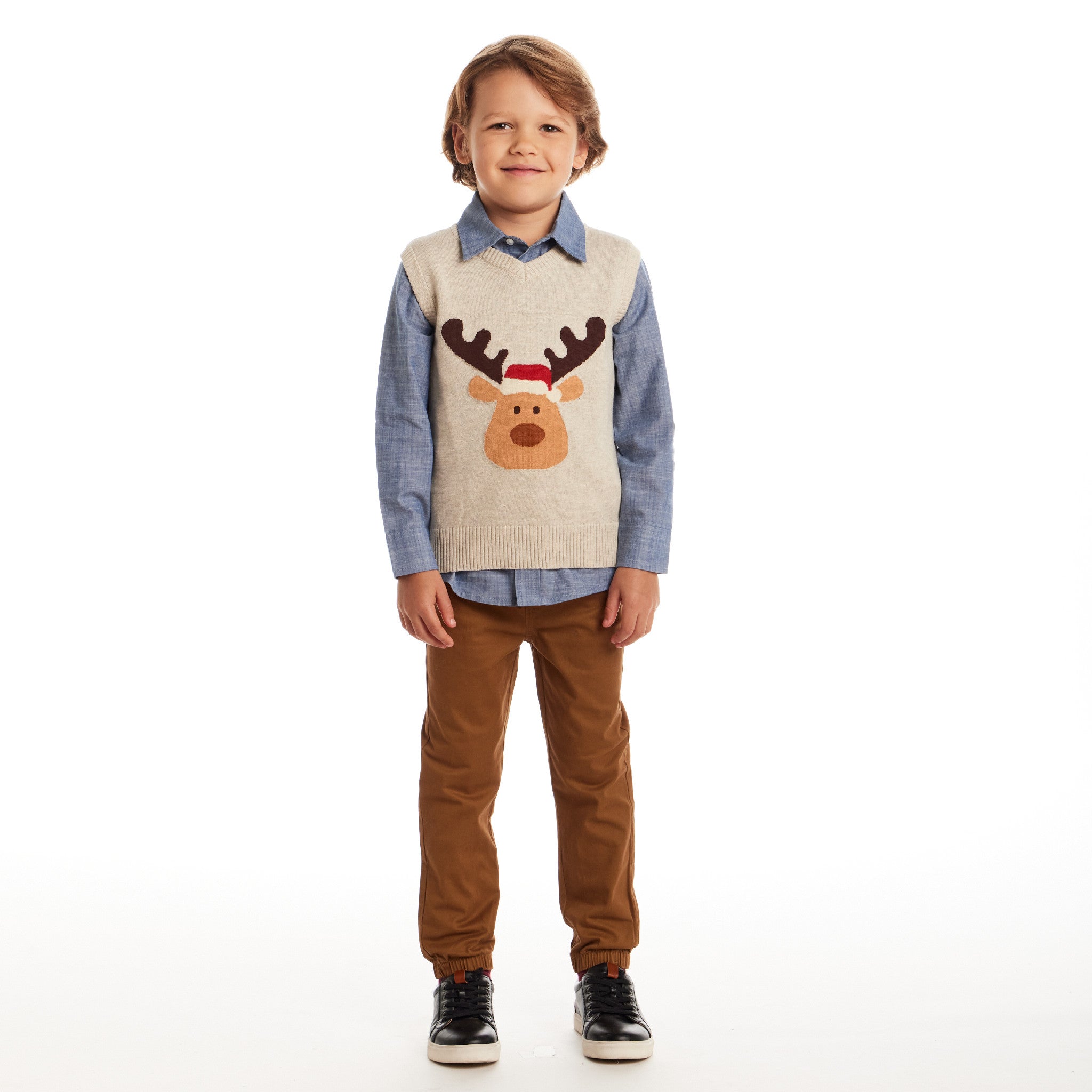 Kids Sweater Vest Set | Beige Reindeer