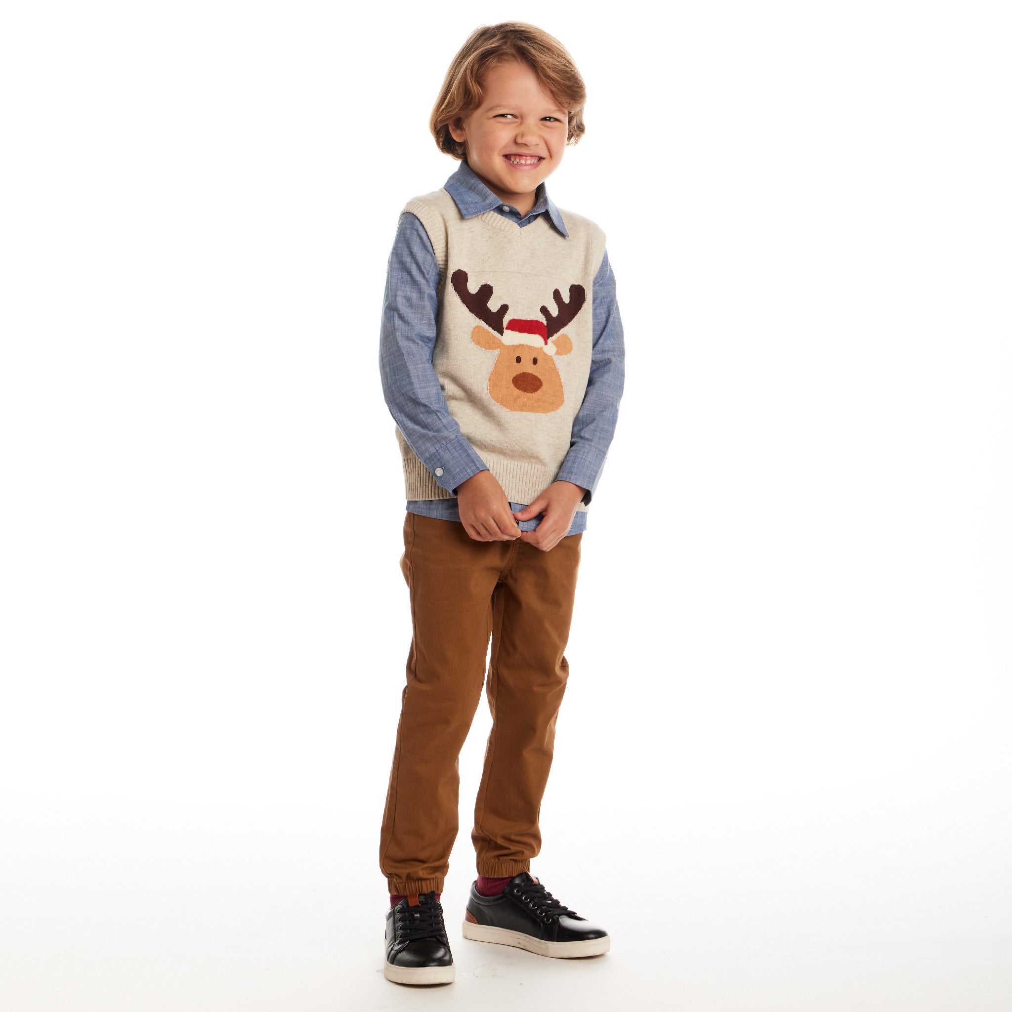 Kids Sweater Vest Set | Beige Reindeer