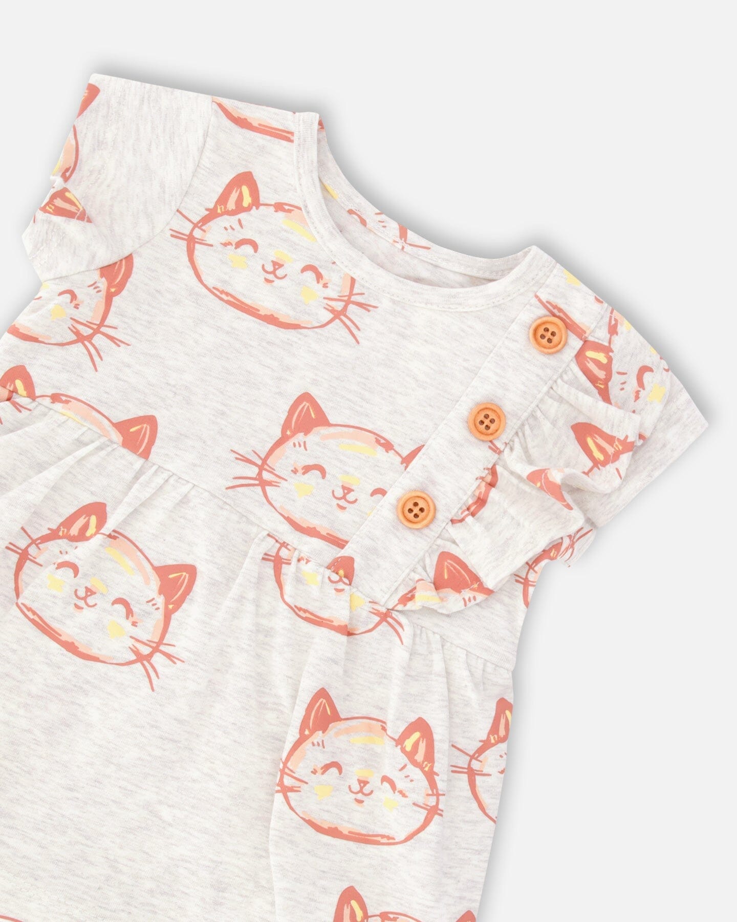 Organic Cotton Printed Romper Heather Beige With Printed Cat