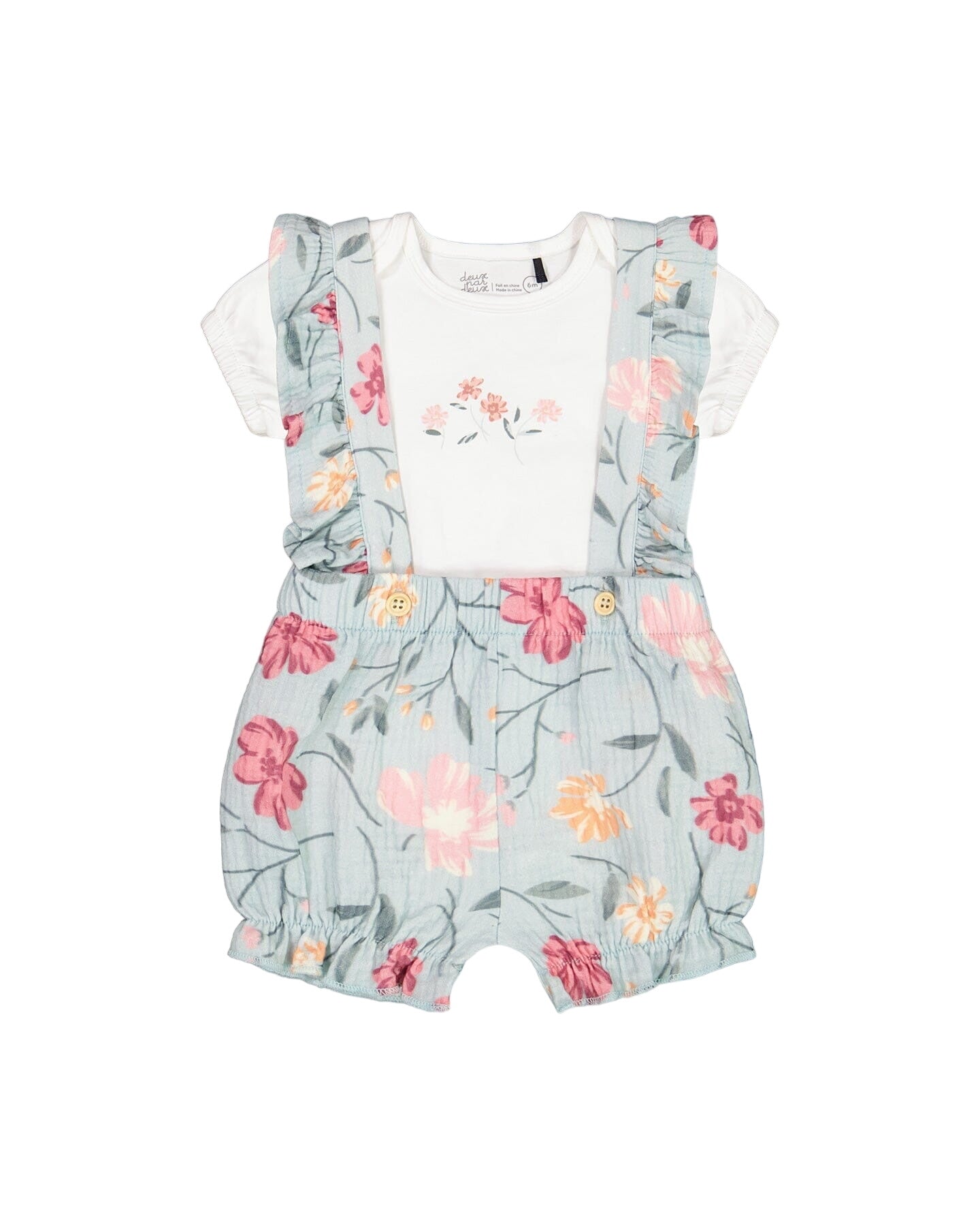 Organic Cotton Onesie And Muslin Shortall Set Light Blue With Printed Romantic Flowers