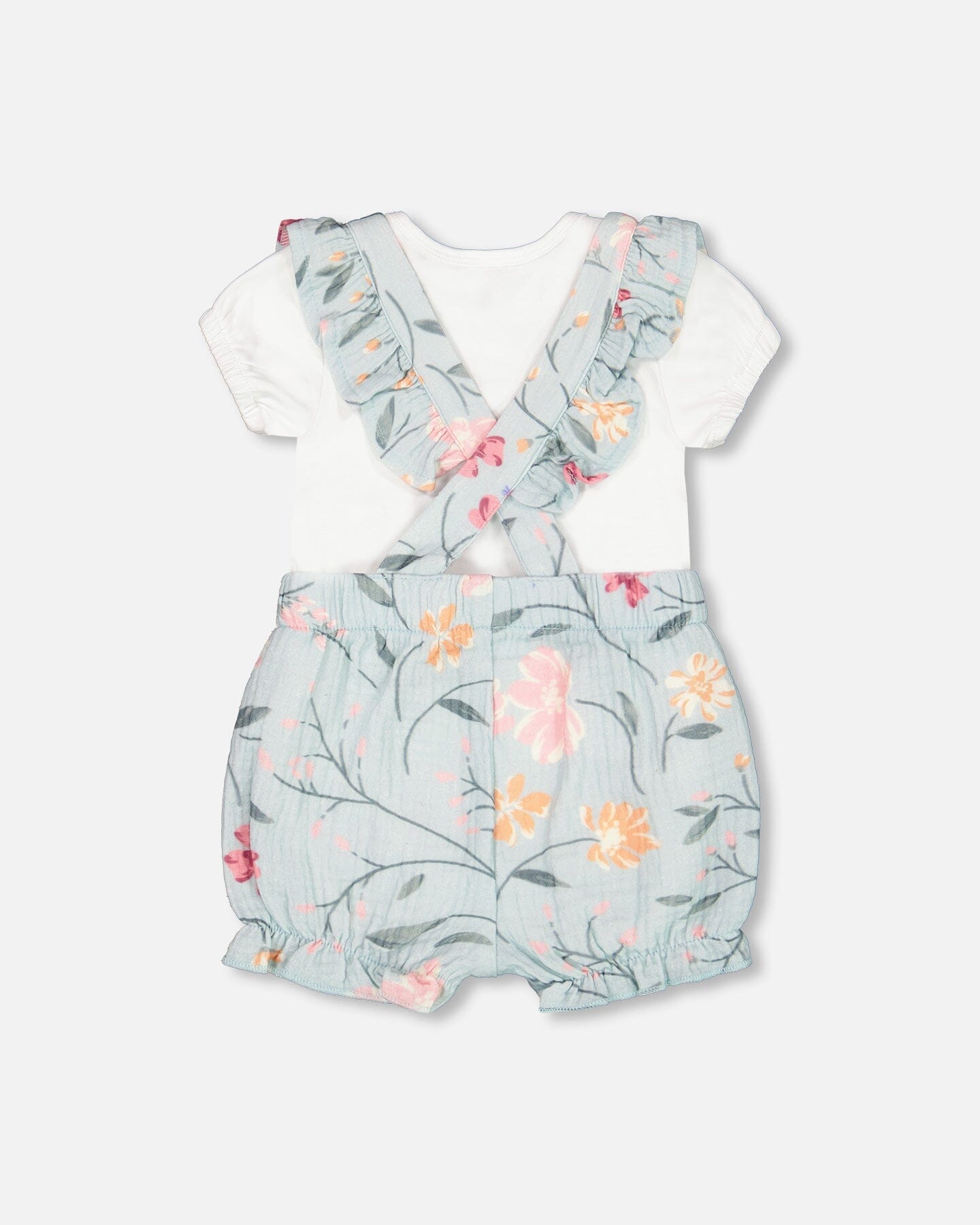 Organic Cotton Onesie And Muslin Shortall Set Light Blue With Printed Romantic Flowers