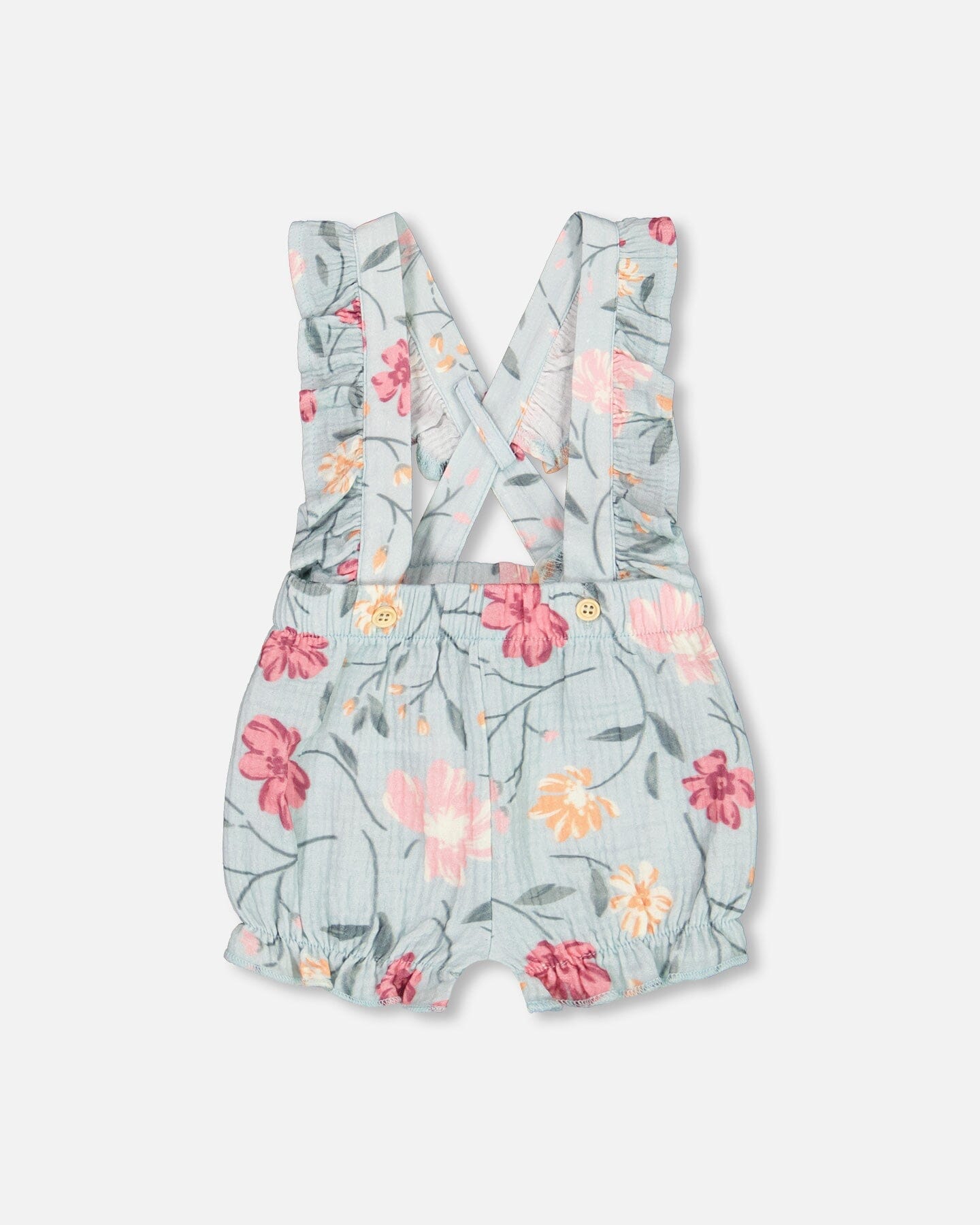 Organic Cotton Onesie And Muslin Shortall Set Light Blue With Printed Romantic Flowers