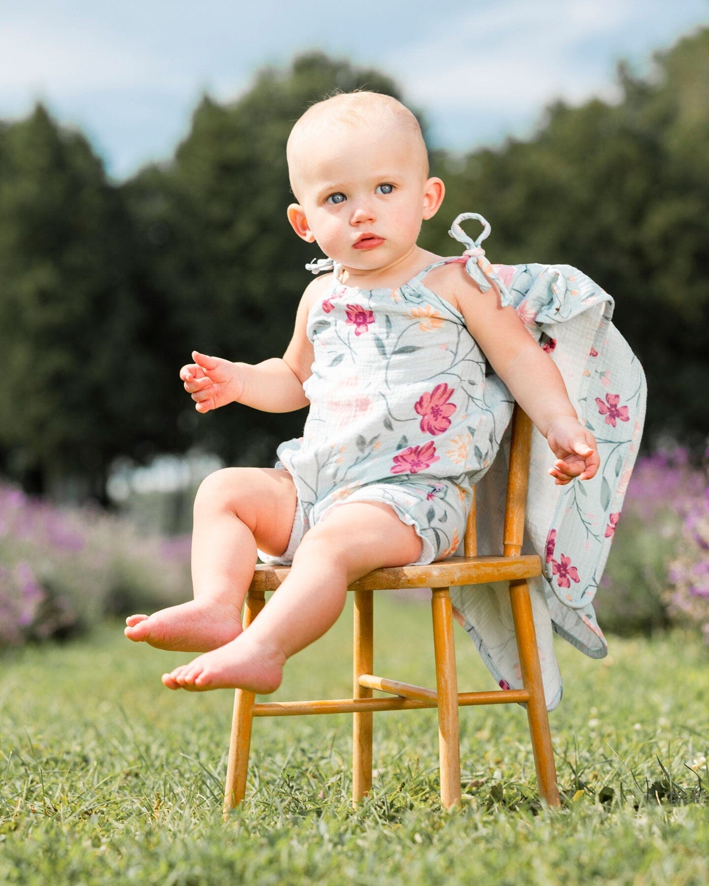 Printed Muslin Romper Light Blue With Printed Romantic Flowers