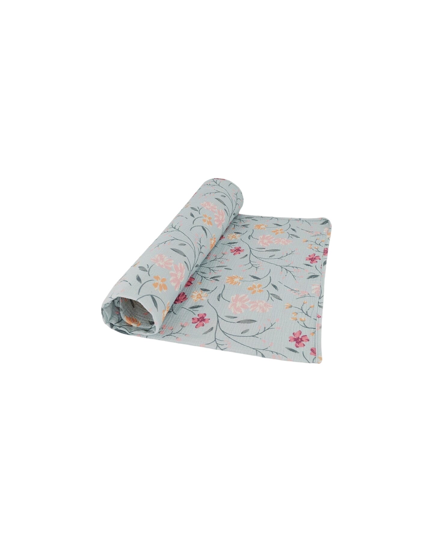 Muslin Cotton Blanket Light Blue With Printed Romantic Flowers