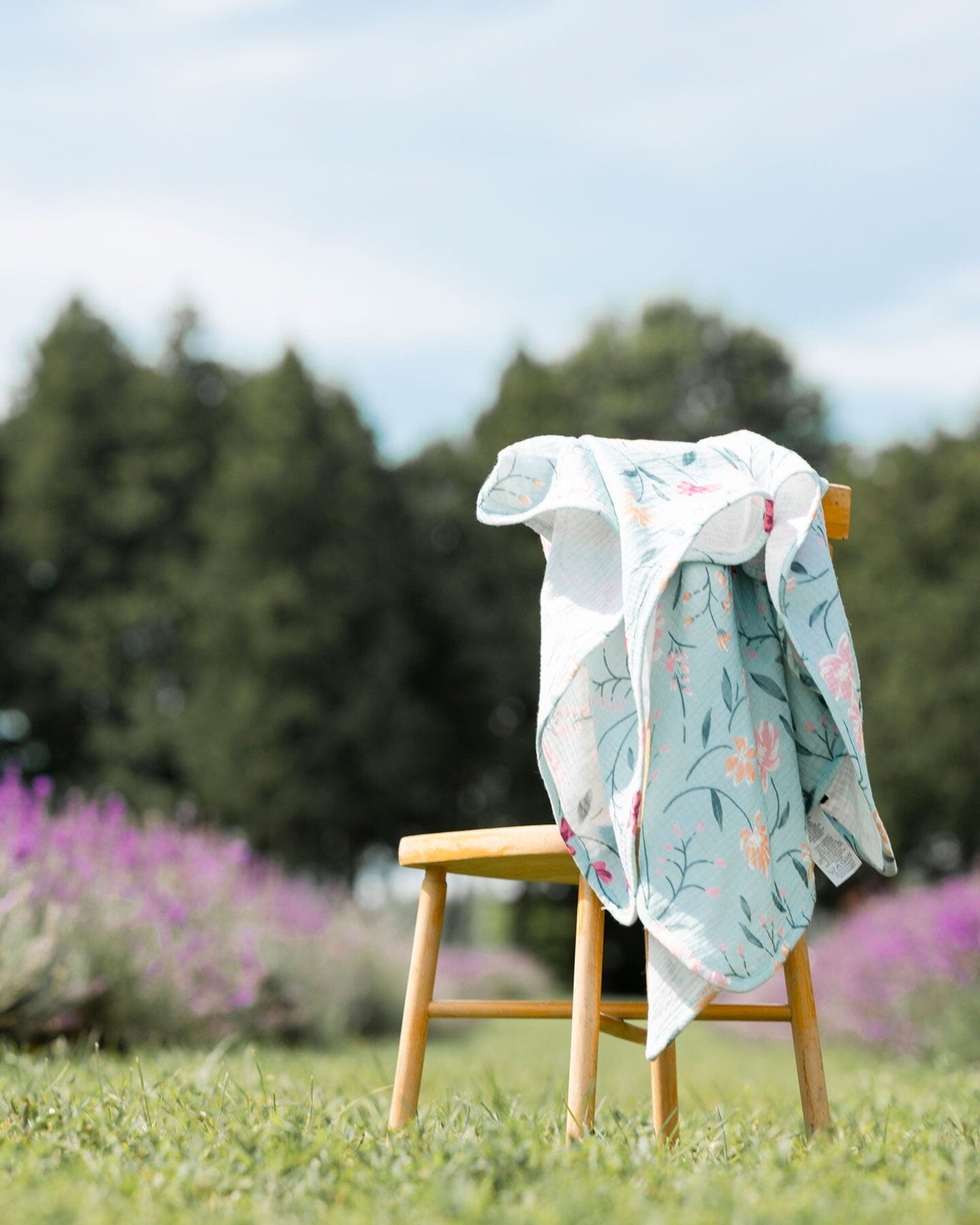 Muslin Cotton Blanket Light Blue With Printed Romantic Flowers