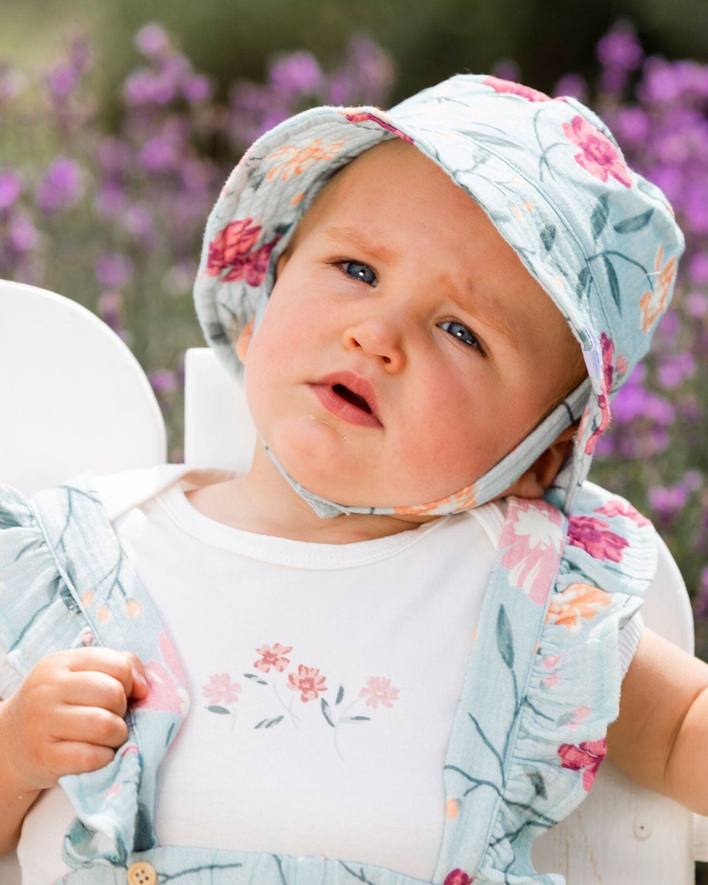 Muslin Cotton Hat Light Blue With Printed Romantic Flowers