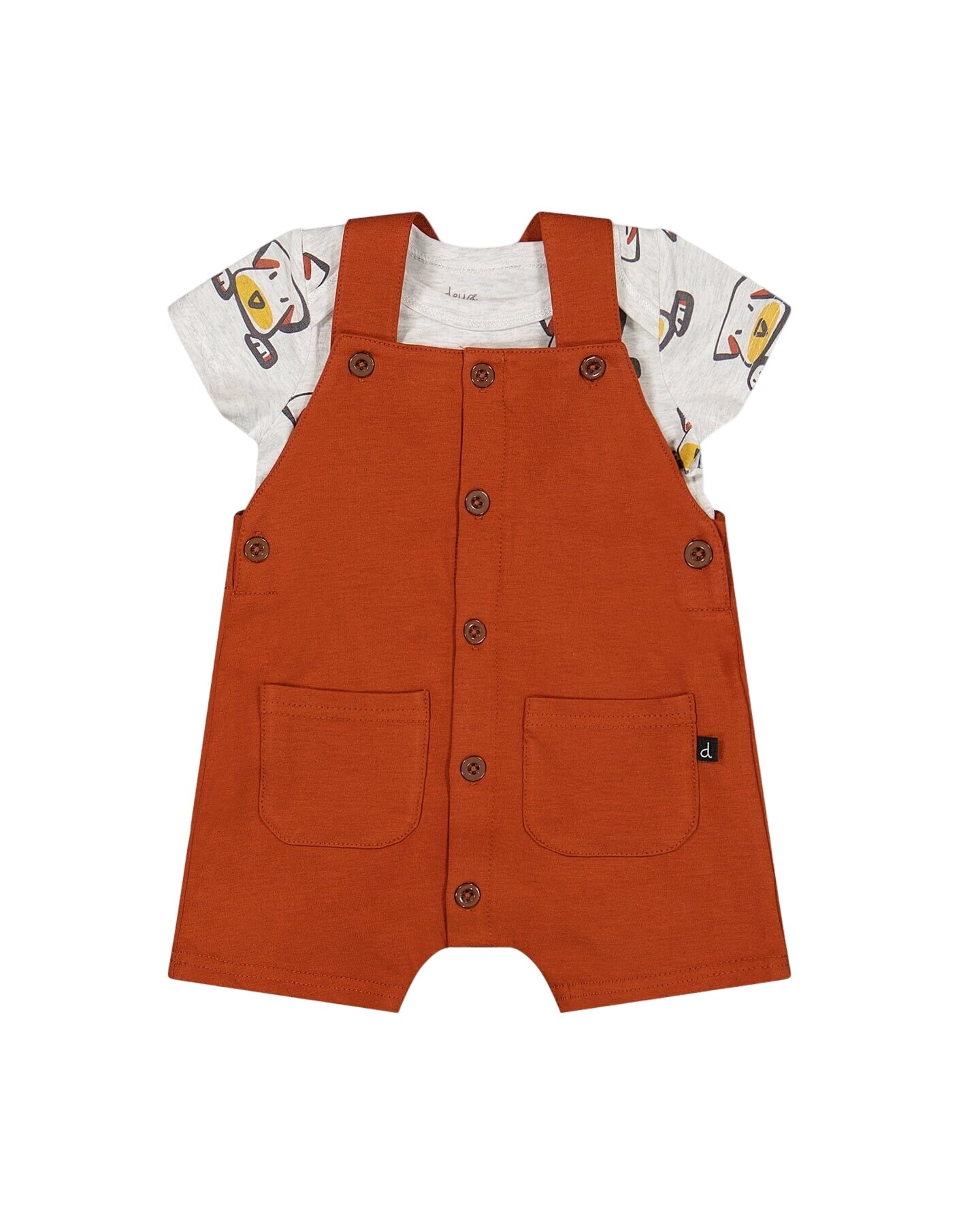 Organic Cotton Onesie And Shortall Set Heather Beige With Printed Dog And Cinnamon