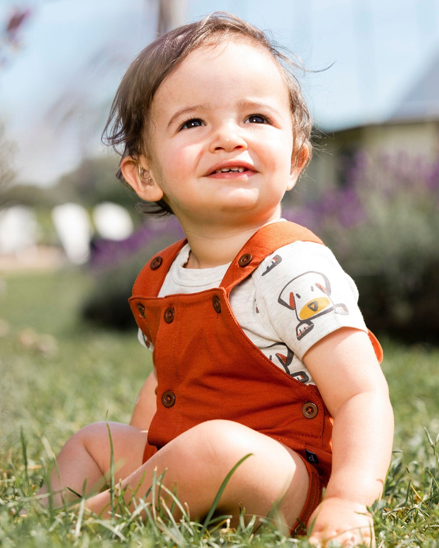 Organic Cotton Onesie And Shortall Set Heather Beige With Printed Dog And Cinnamon