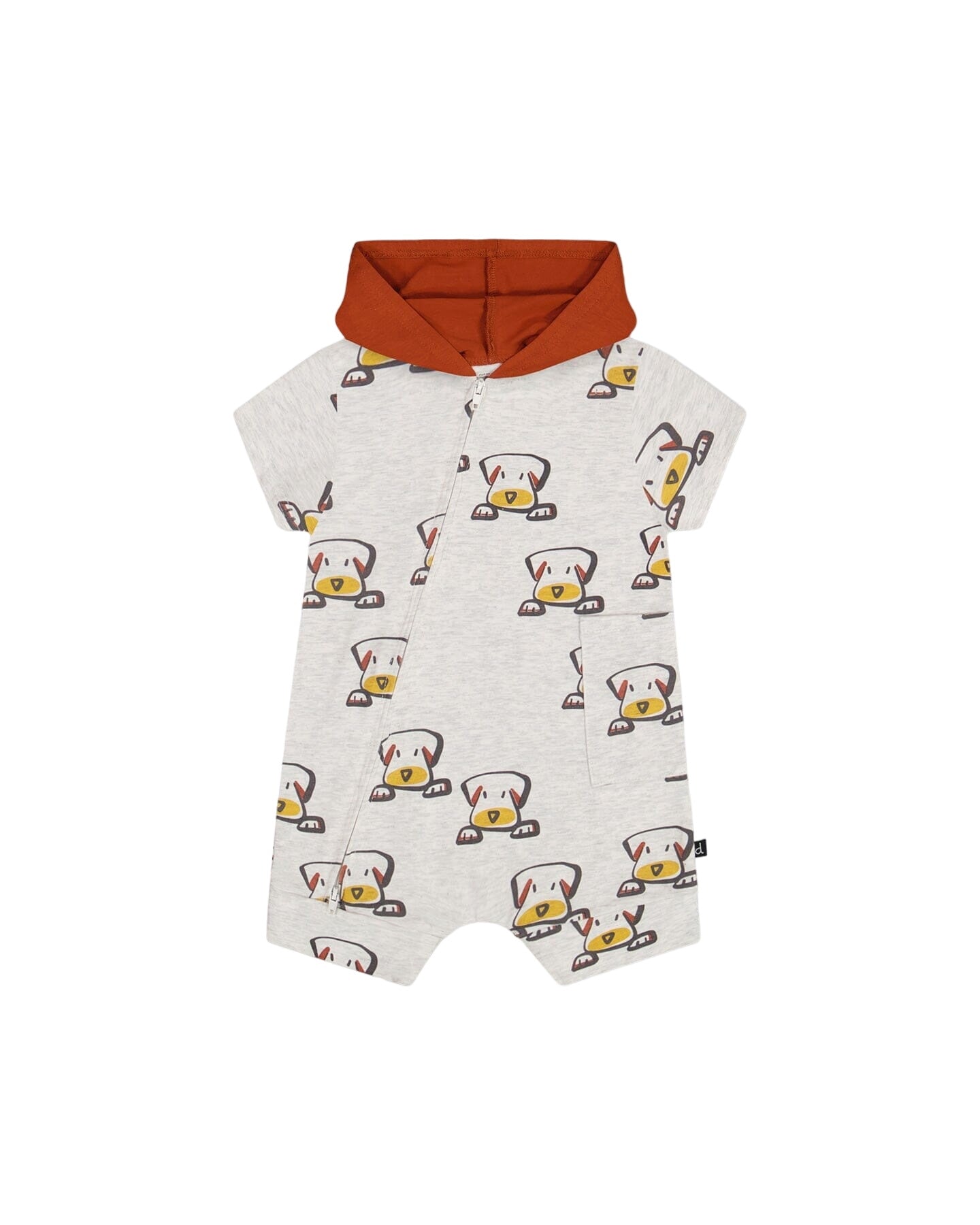 Organic Cotton Hooded Romper Heather Beige With Printed Dog