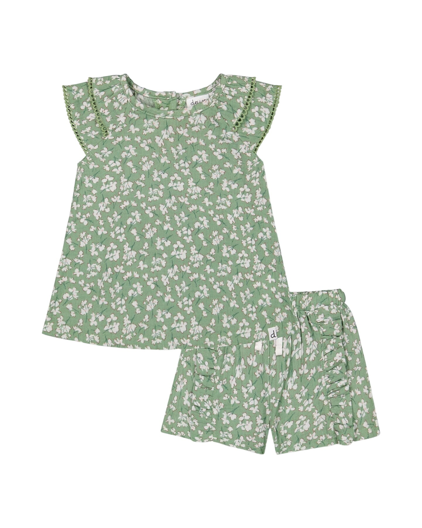 Muslin Blouse And Short Set Green Jasmine Flower Print