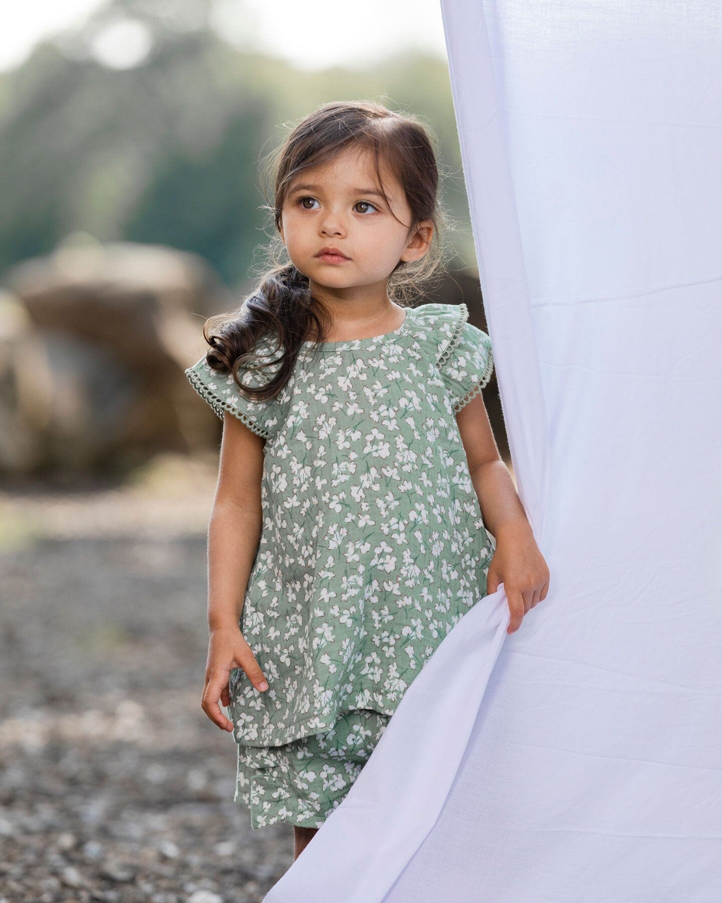 Muslin Blouse And Short Set Green Jasmine Flower Print