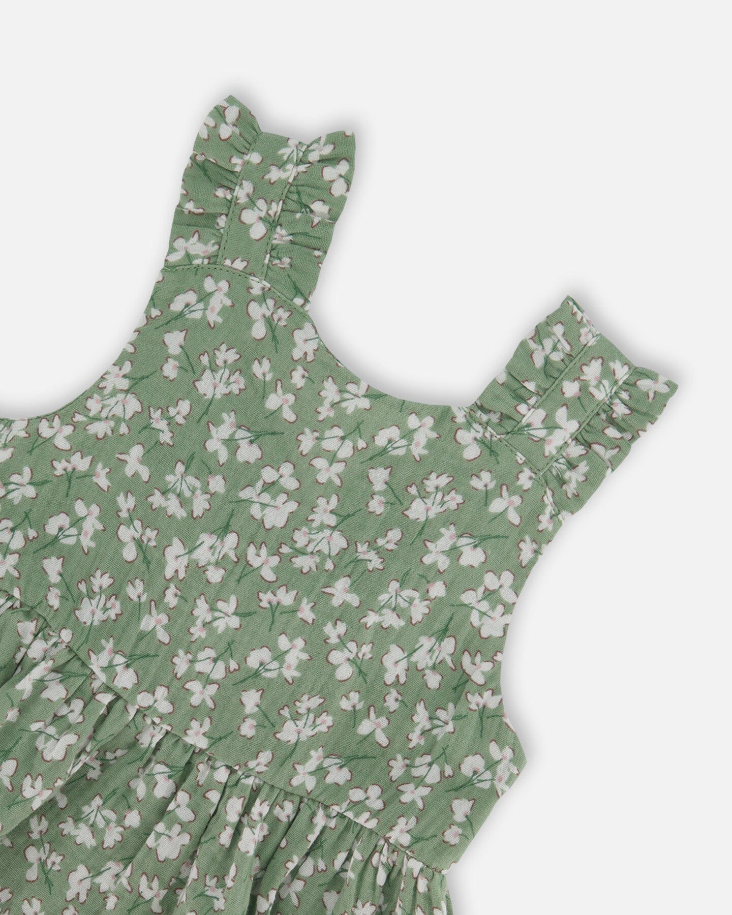 Sleeveless Muslin Dress Green Jasmine Flower Print